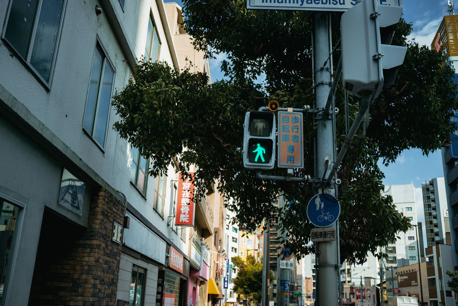 Green pedestrian traffic light on a city street.