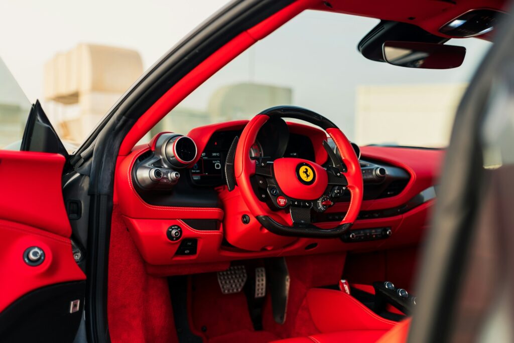 Interior of a luxury red sports car