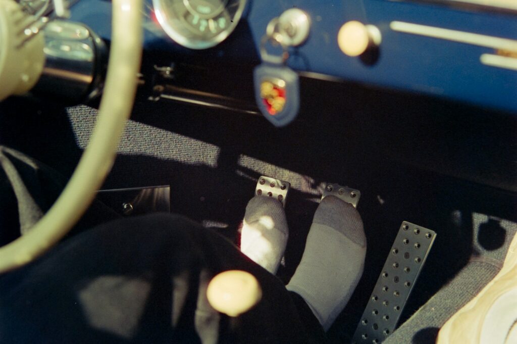 Driver's perspective inside a vintage car
