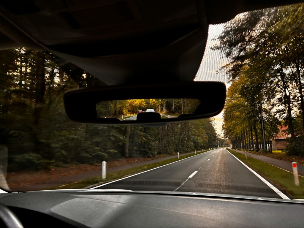 Driving on a wet road through autumn trees