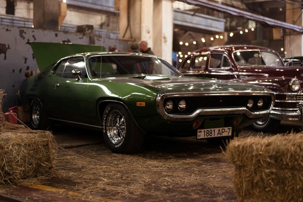 a row of cars parked in a building