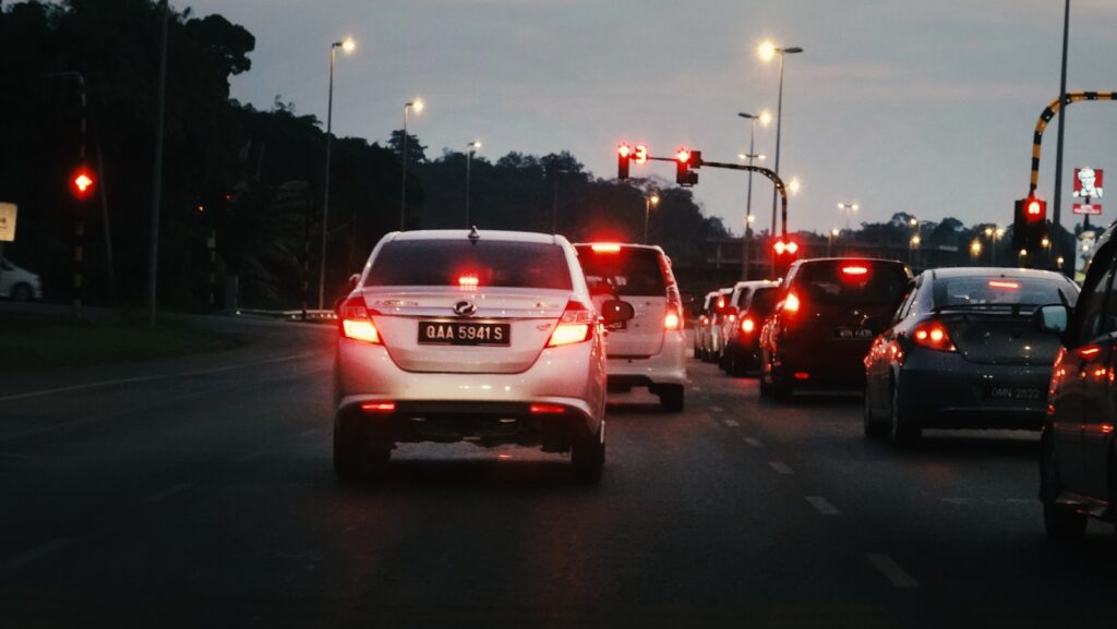 Traffic jam on a road at dusk