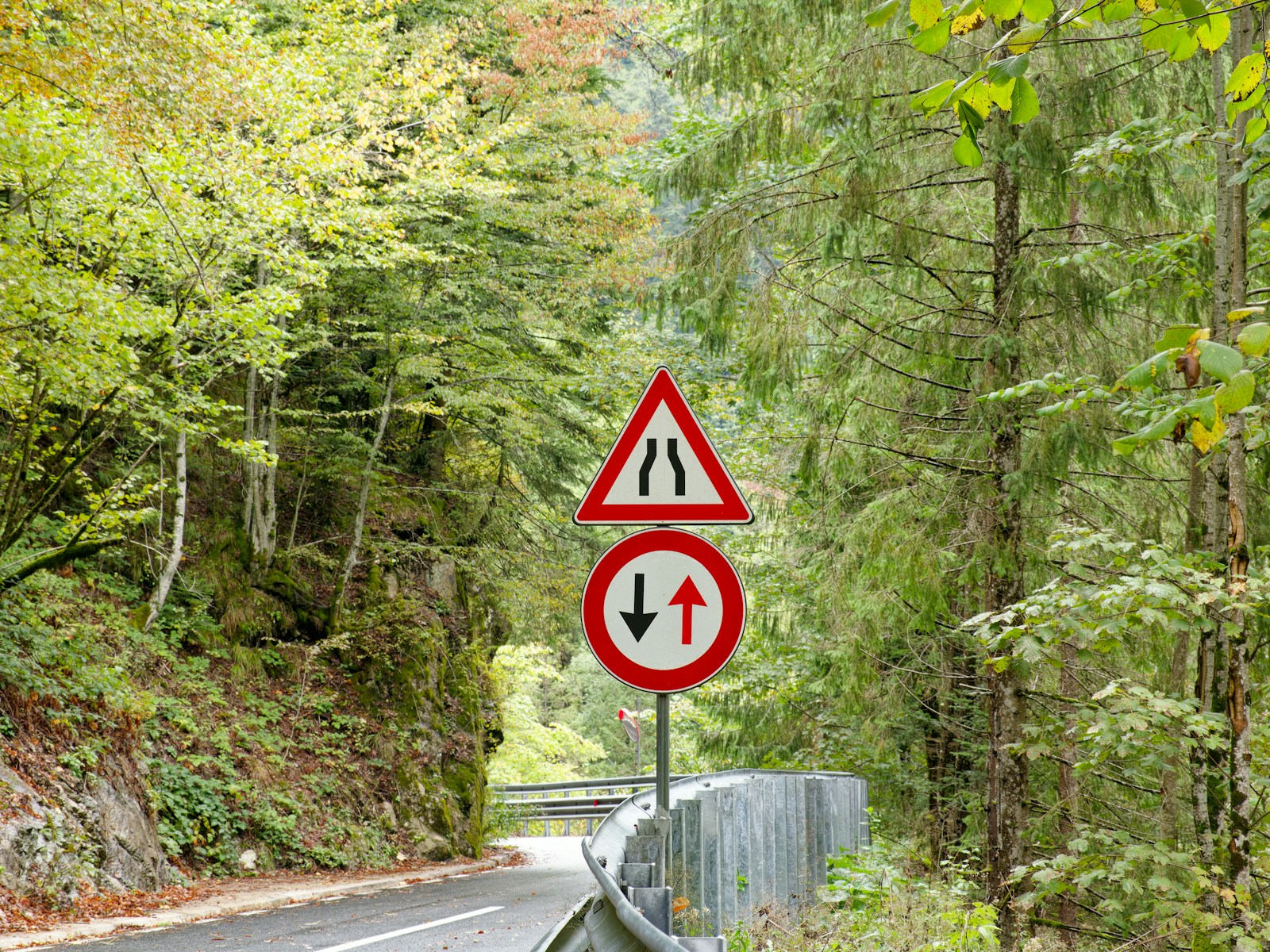 Road signs indicating narrow road and two-way traffic ahead