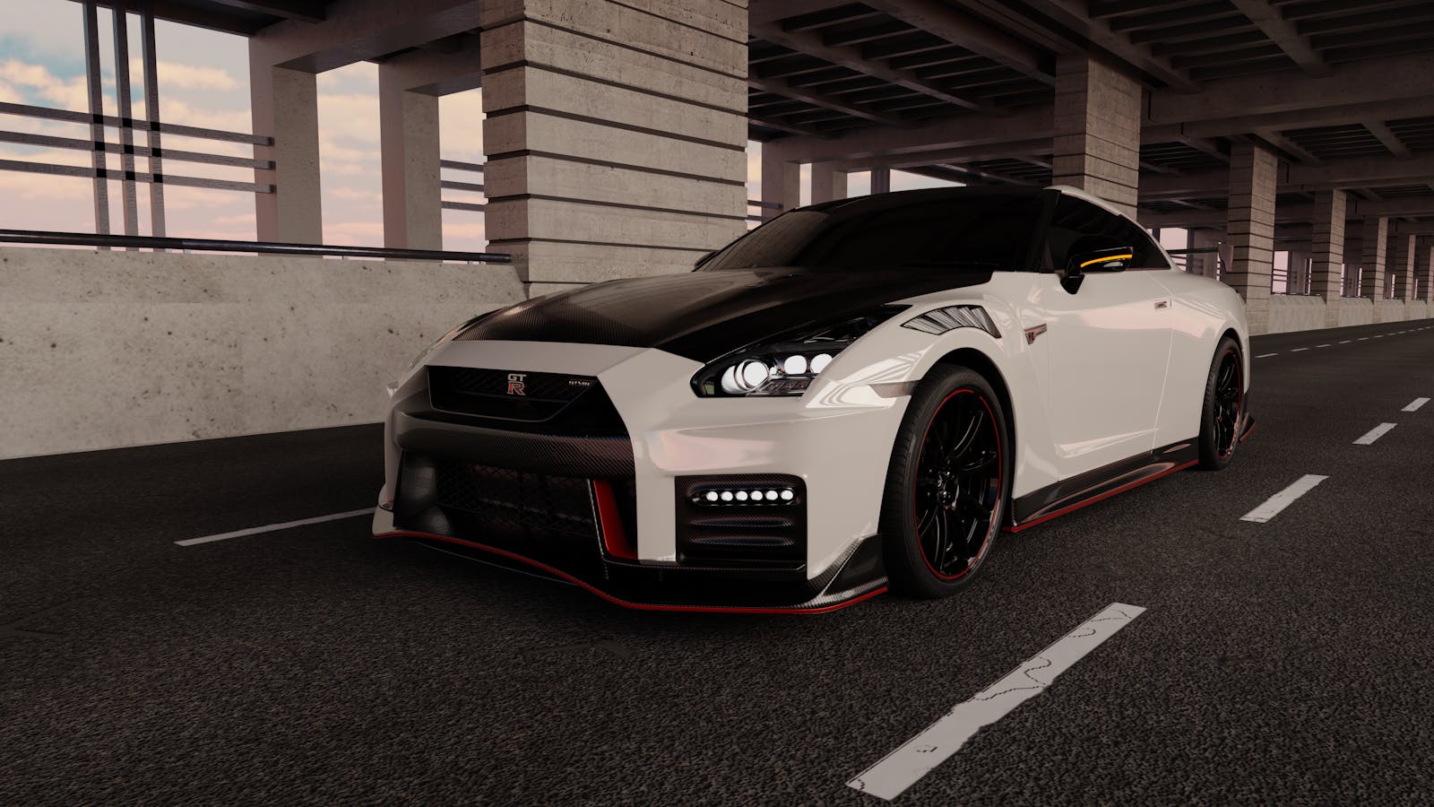 A striking Nissan GT-R sports car captured in an urban environment under soft twilight lighting.