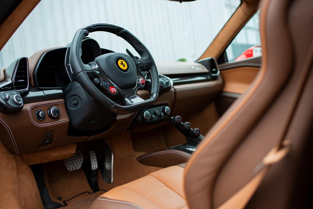 ferrari from the inside, sports car, car interiors, background image, steering wheel