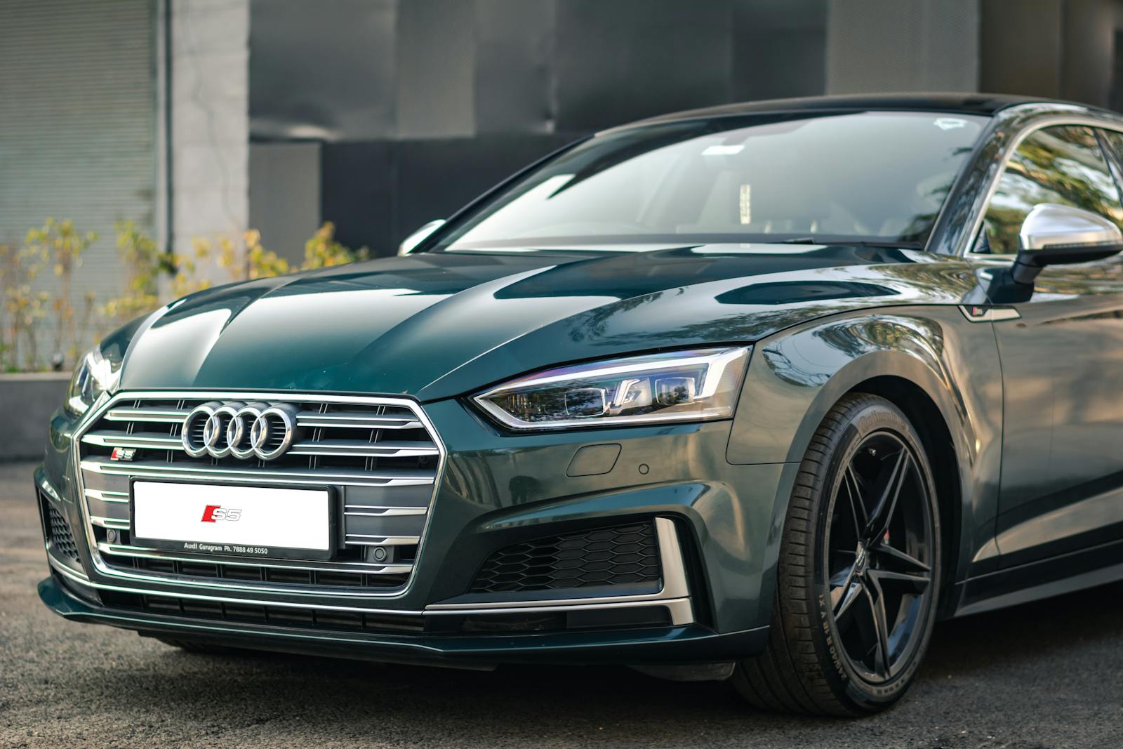 A sleek green Audi S5 car beautifully captured outside, showcasing its shiny exterior and modern design.