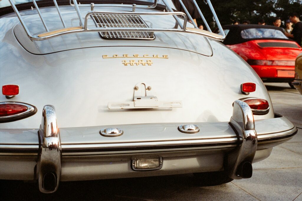 Silver vintage porsche 911 rear bumper detail