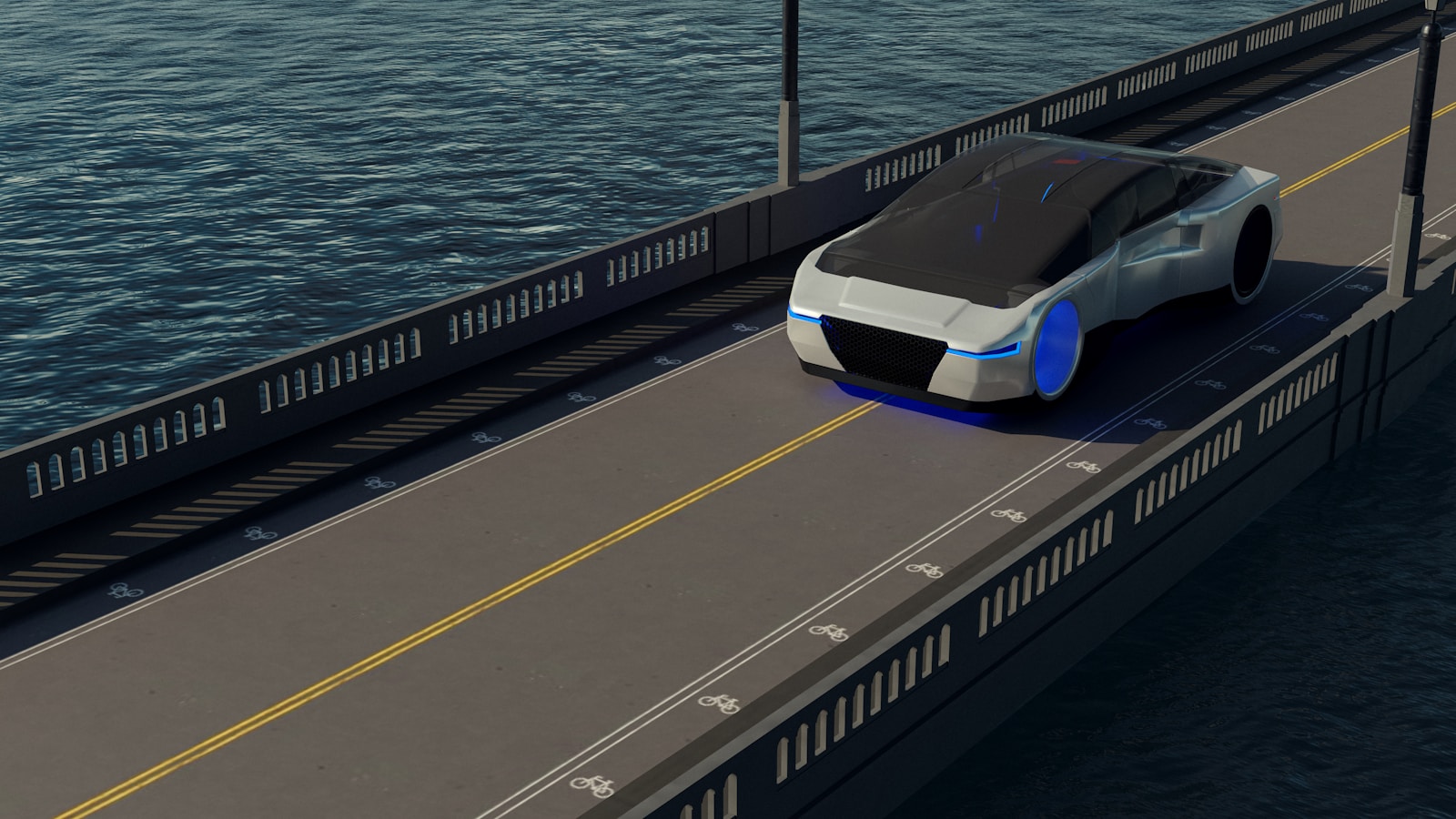A futuristic car driving on a bridge over a body of water