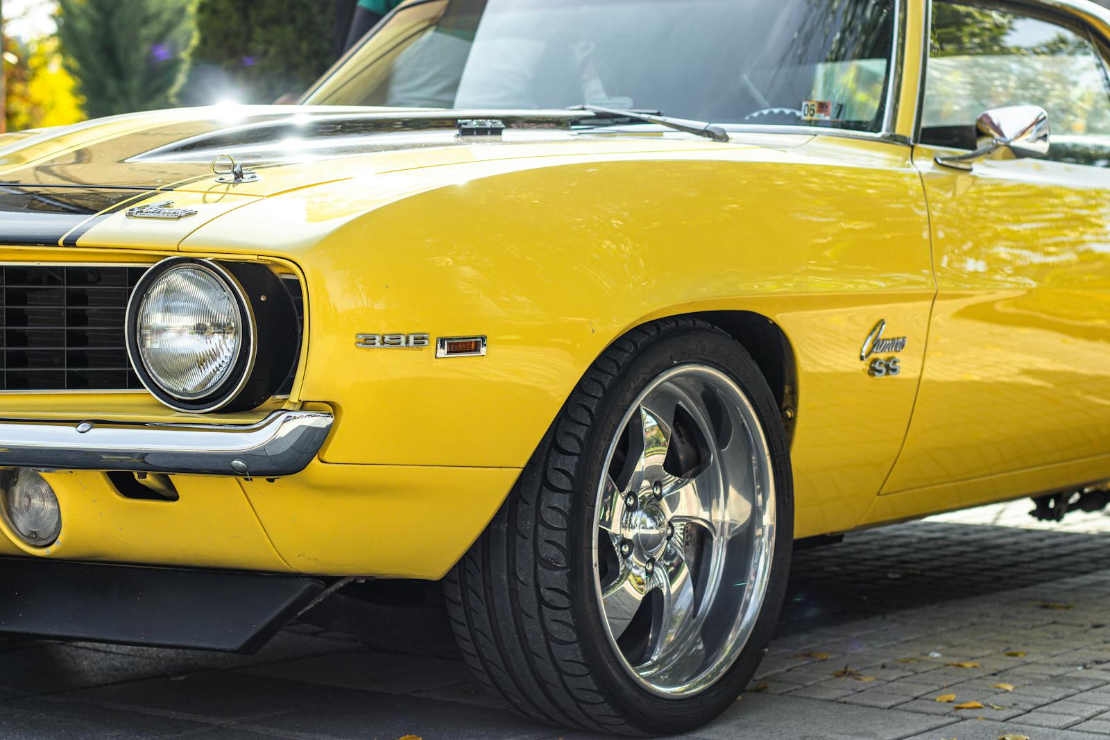 Close-up view of a classic yellow Chevrolet Camaro SS parked outdoors in Ankara, Türkiye.