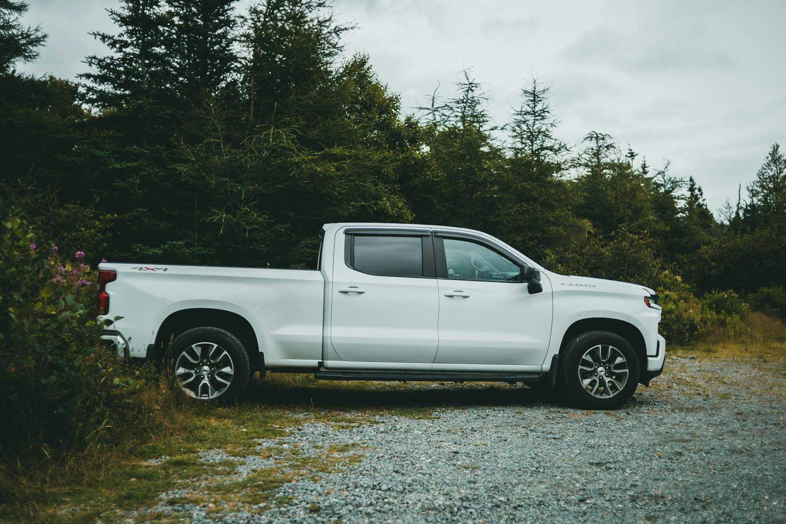 A white pickup truck parked on a gravel path surrounded by green trees in a serene forest setting.