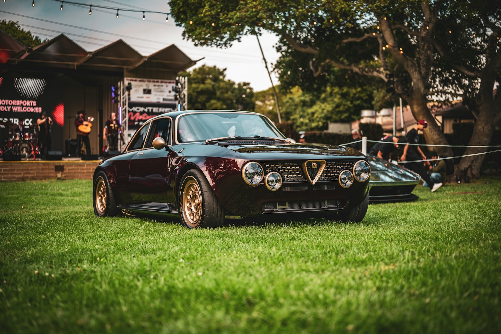 A vintage dark car parked on green grass