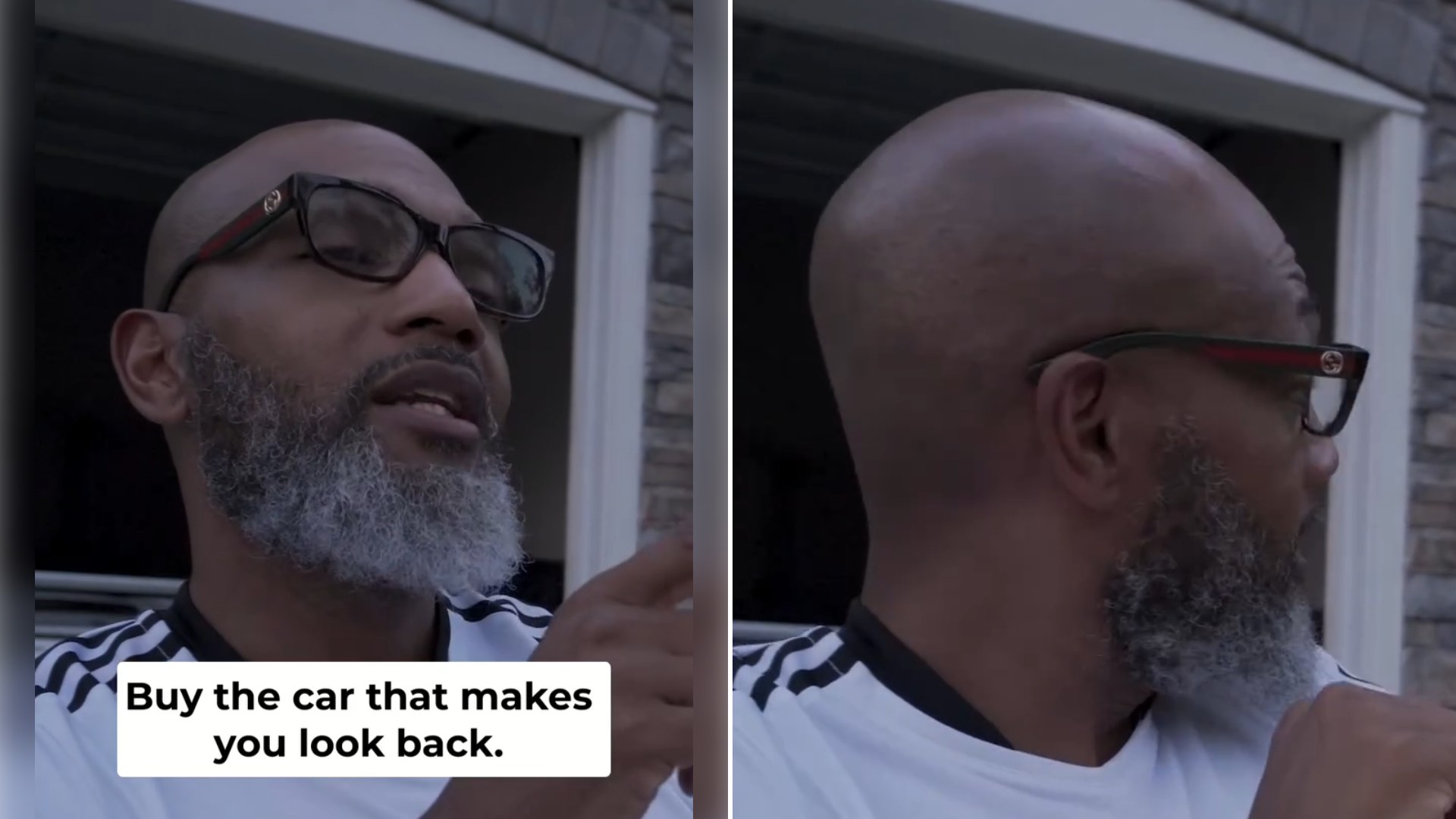 Split image: a bearded man in glasses and a white striped shirt talks to camera with the caption Buy the car that makes you look back, next to the same man turning to look over his shoulder
