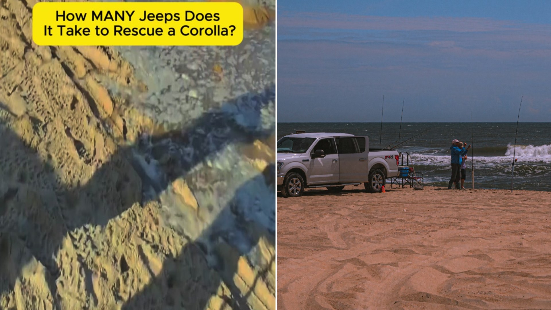 Split image: tire tracks in wet sand captioned how many Jeeps does it take to rescue a Corolla, next to a white pickup truck parked on a beach near the ocean