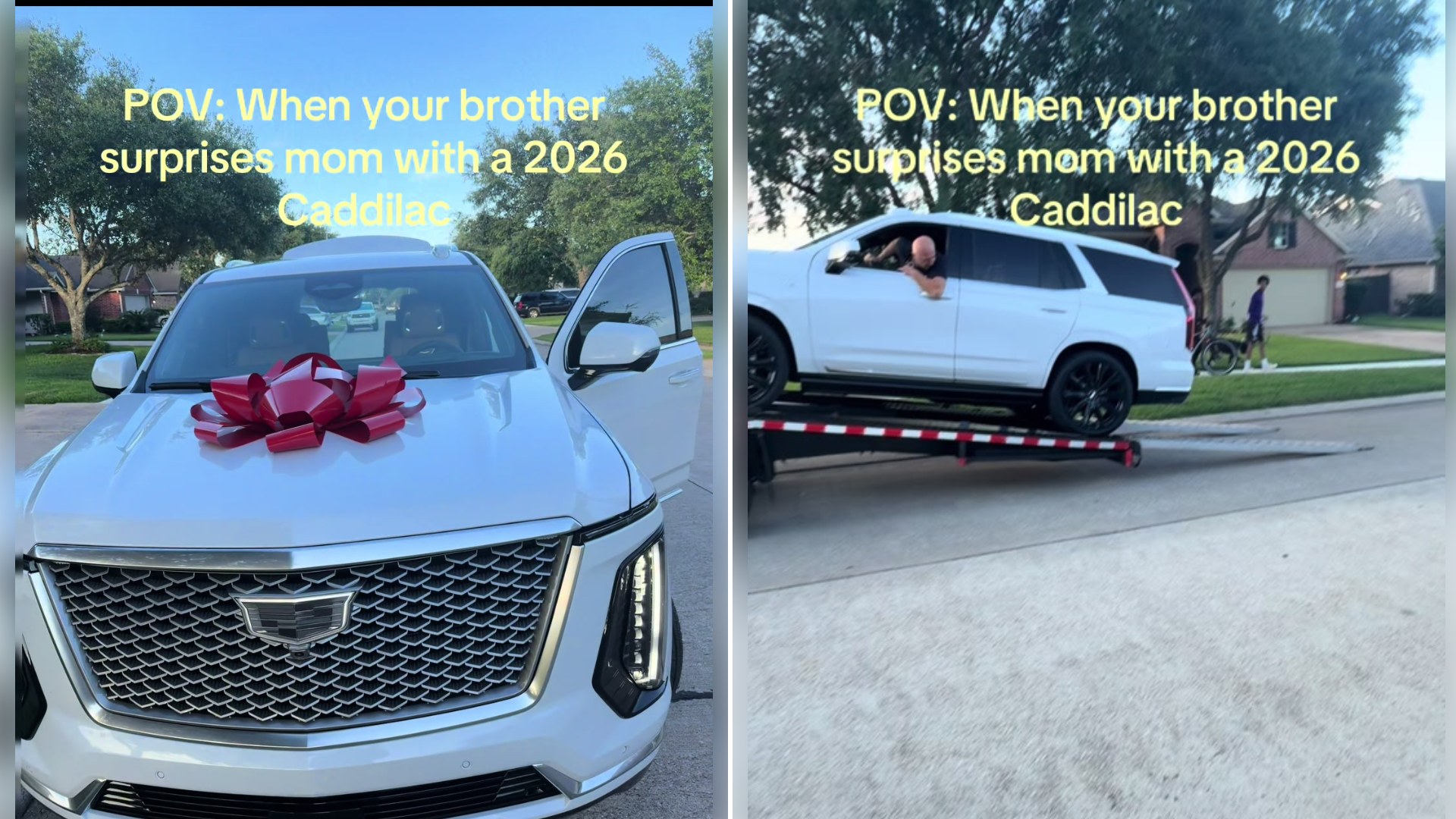 Brother Surprises Mom With a White 2026 Cadillac Unloaded From a Flatbed on a Suburban Street, With a Red Bow on the Hood and the Key Fob Held Up on a FaceTime Call
