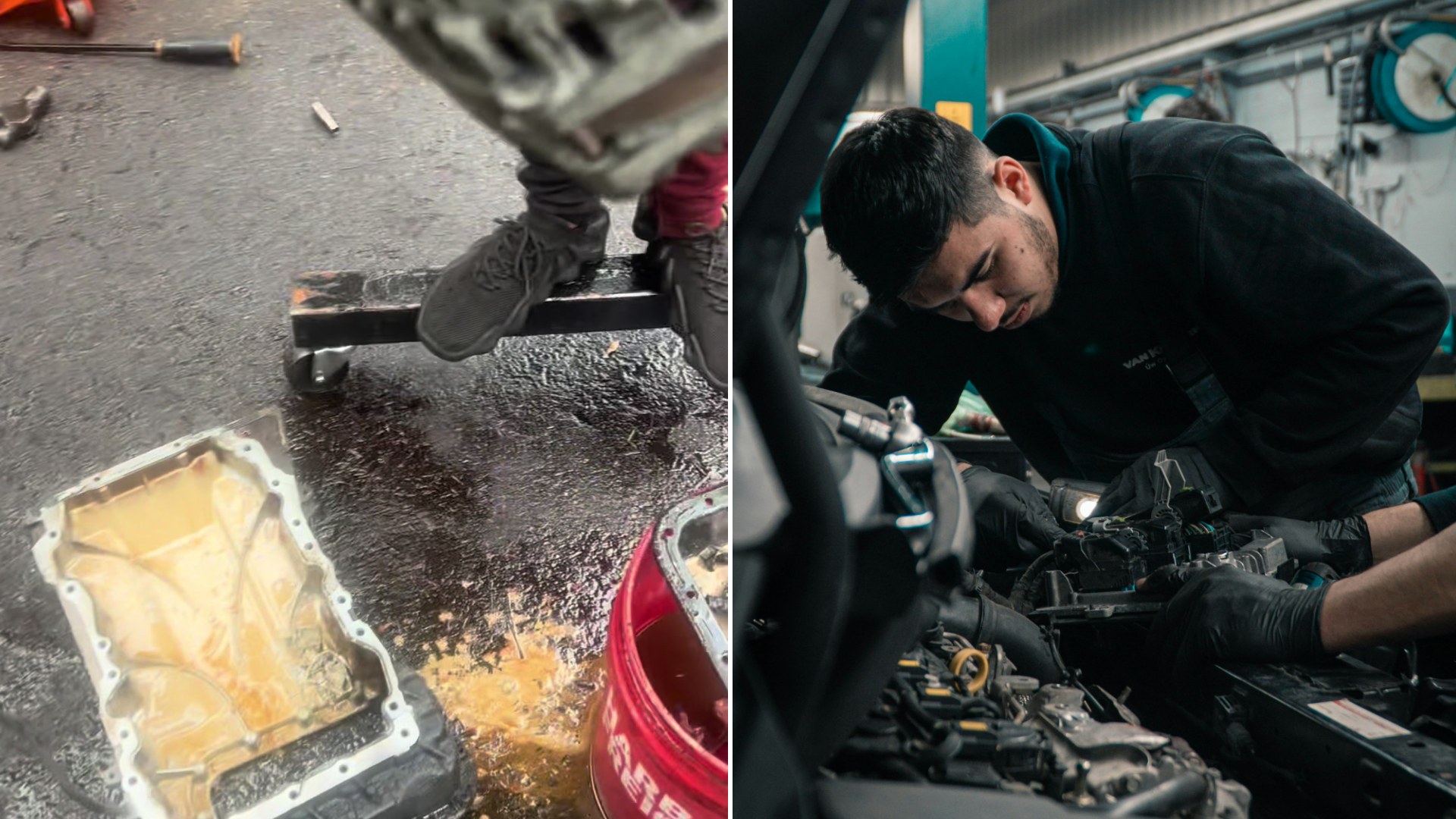 Split image: an oil pan filled with sludge sitting on a wet garage floor beneath an engine on a hoist, next to a mechanic leaning into an engine bay with a wrench