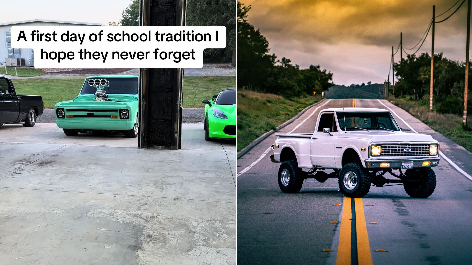Father Drives His Daughters to Their First Day of School in the Classic, Modified Trucks He Built, Then Says the Cars Will Be Theirs Forever One Day