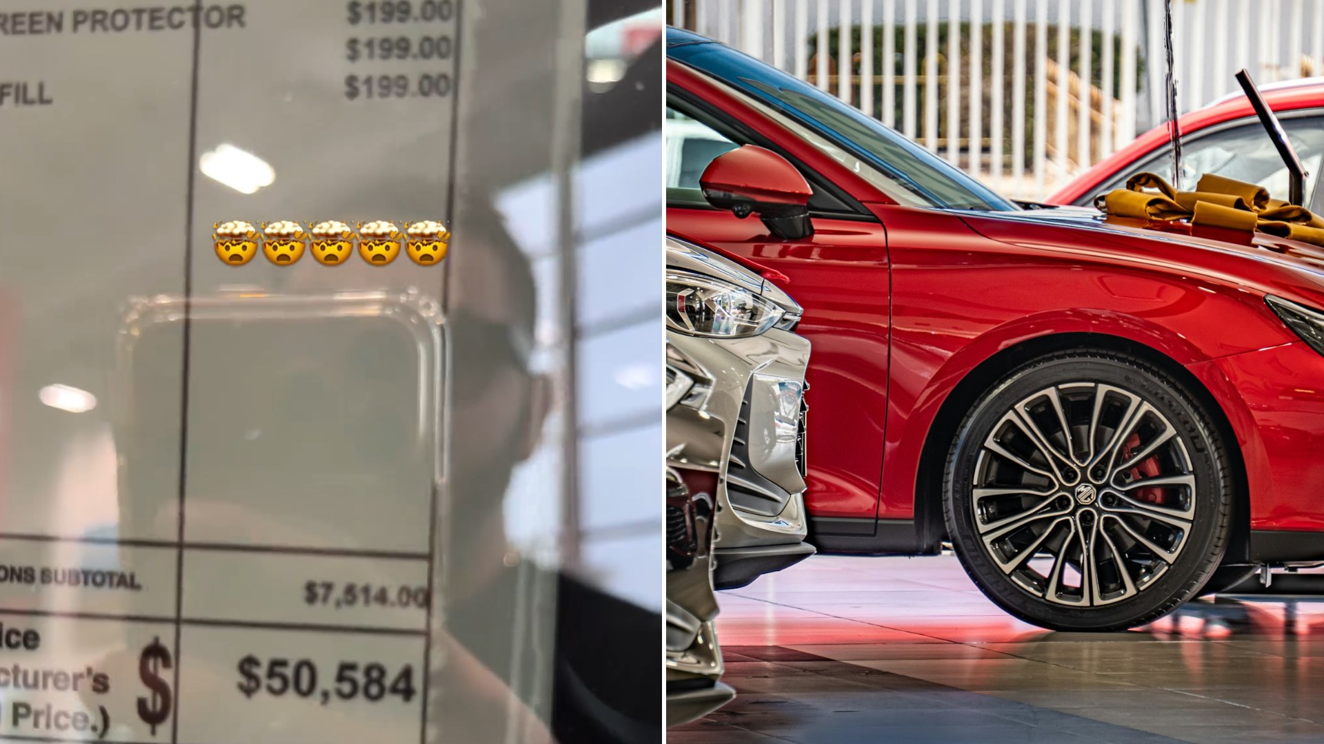 Split image: a dealer window sticker with add-ons and a $50,584 price, next to a red sedan and other new cars lined up inside a dealership showroom