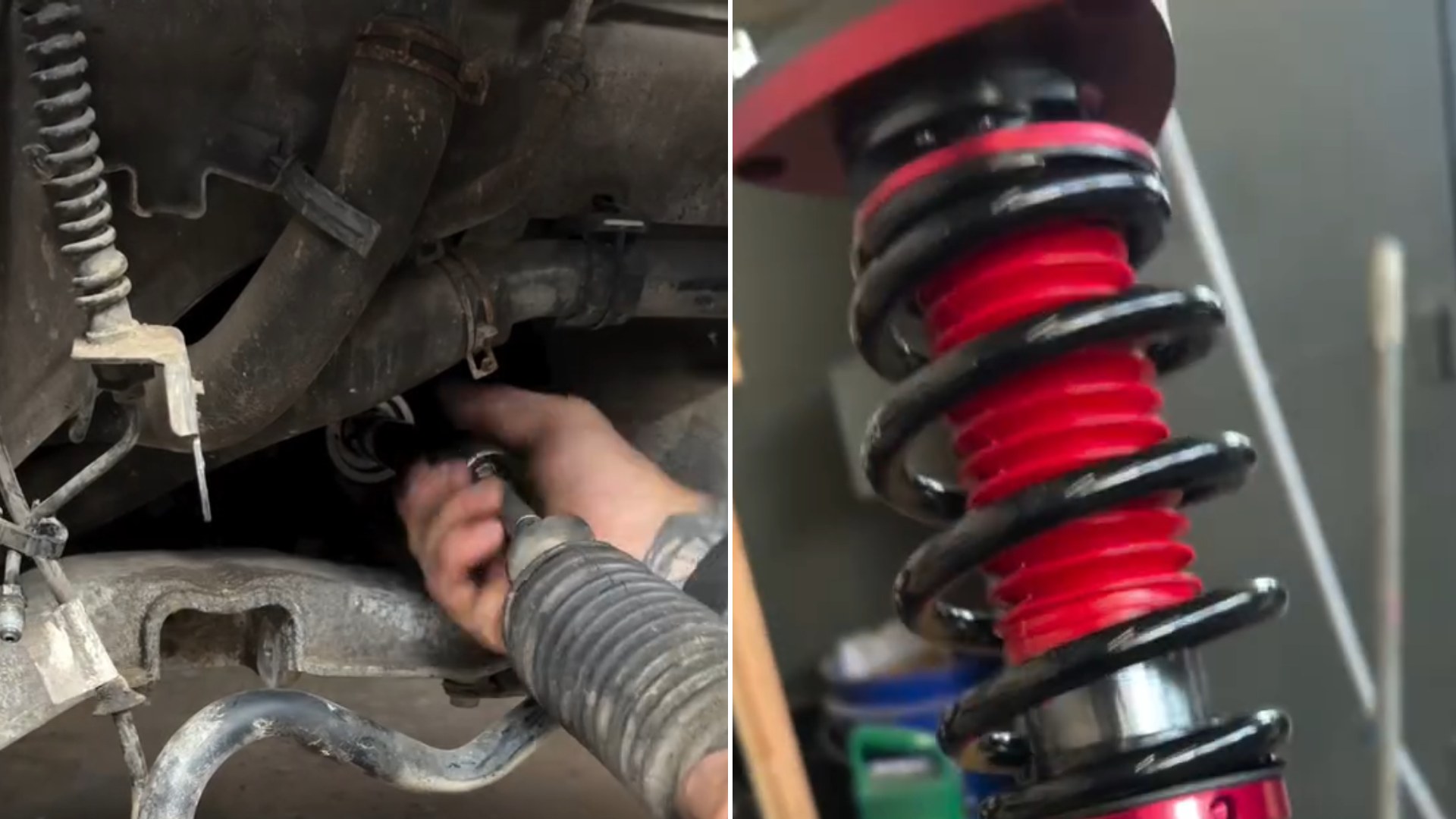 Split image: a mechanic hands working on a sway bar link under a car, next to a red and black coilover shock being installed