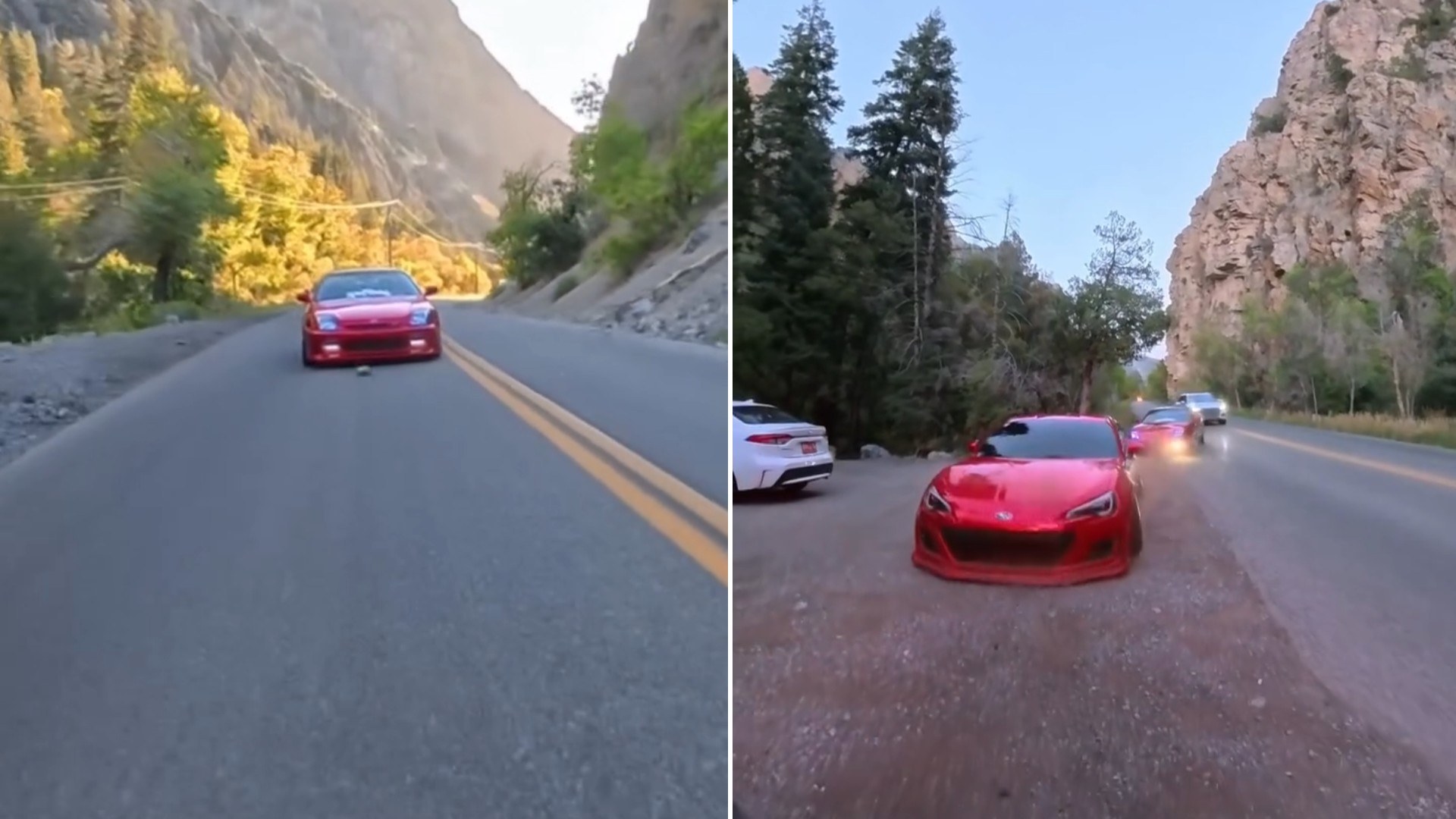 Two moments from an Instagram reel: a red sports car ahead on a canyon road, then the same car at dusk seen from a moving vehicle.