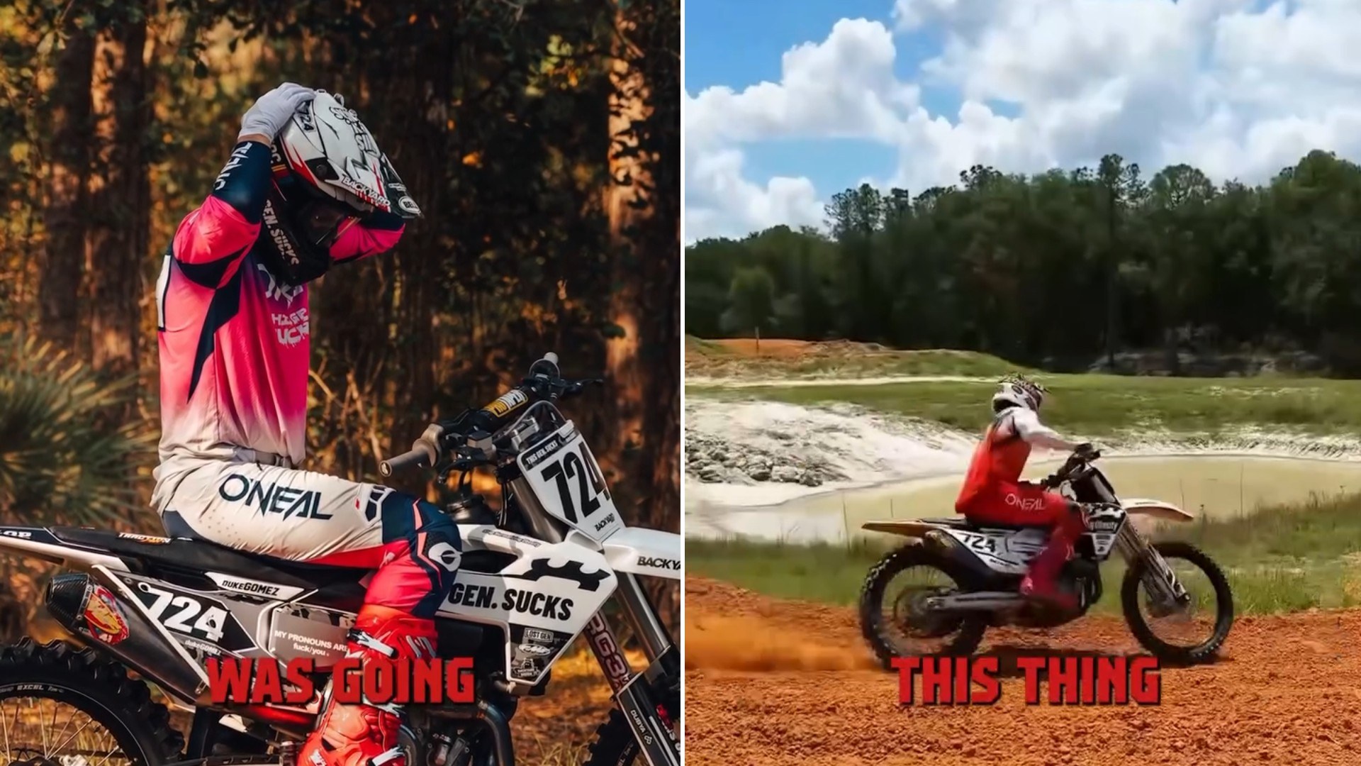 Two moments from an Instagram reel: a rider in full gear sitting on a dirt bike in the woods, then a rider airborne over a dirt track.