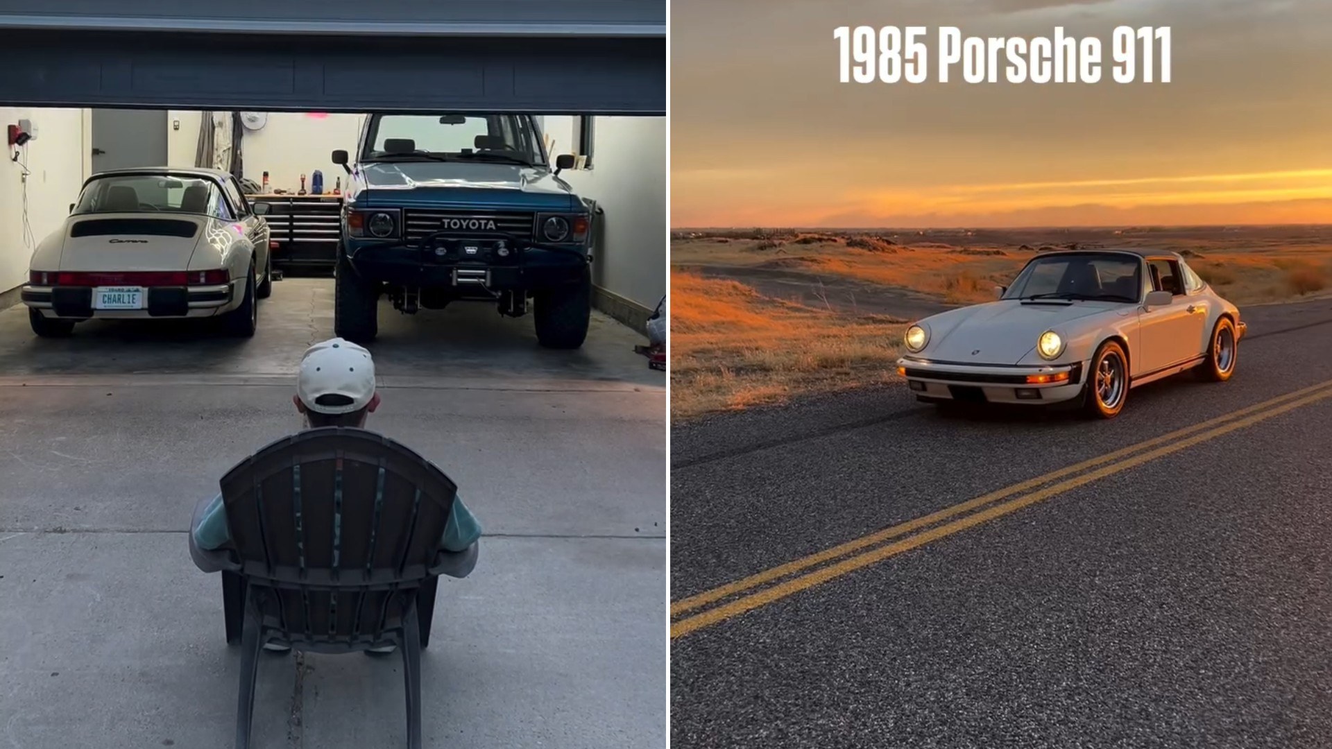 Collector Treats His Own Garage Door Like a Television Premiere as It Rises to Reveal a Vintage Land Cruiser and a Cream Porsche 911 Parked Side By Side