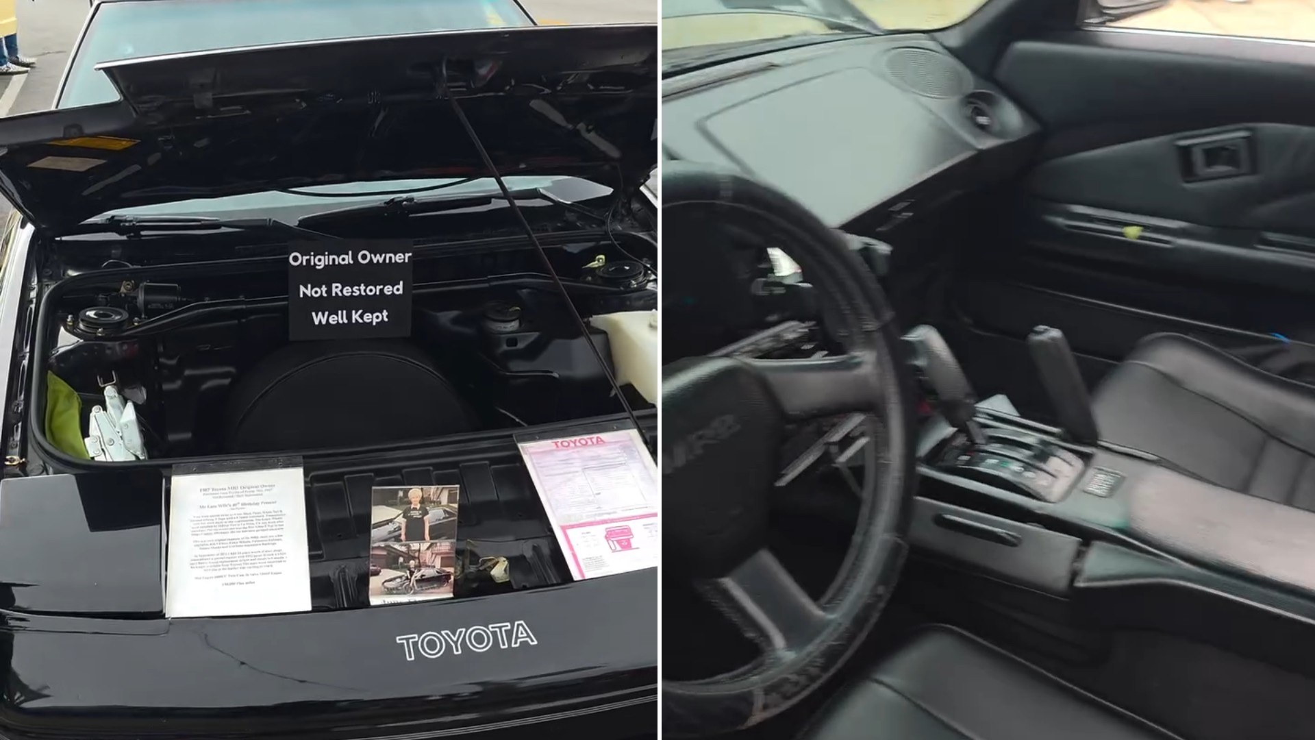 Two moments from an Instagram reel: a black Toyota MR2 with its front hood up at a car show, then the car’s leather interior.