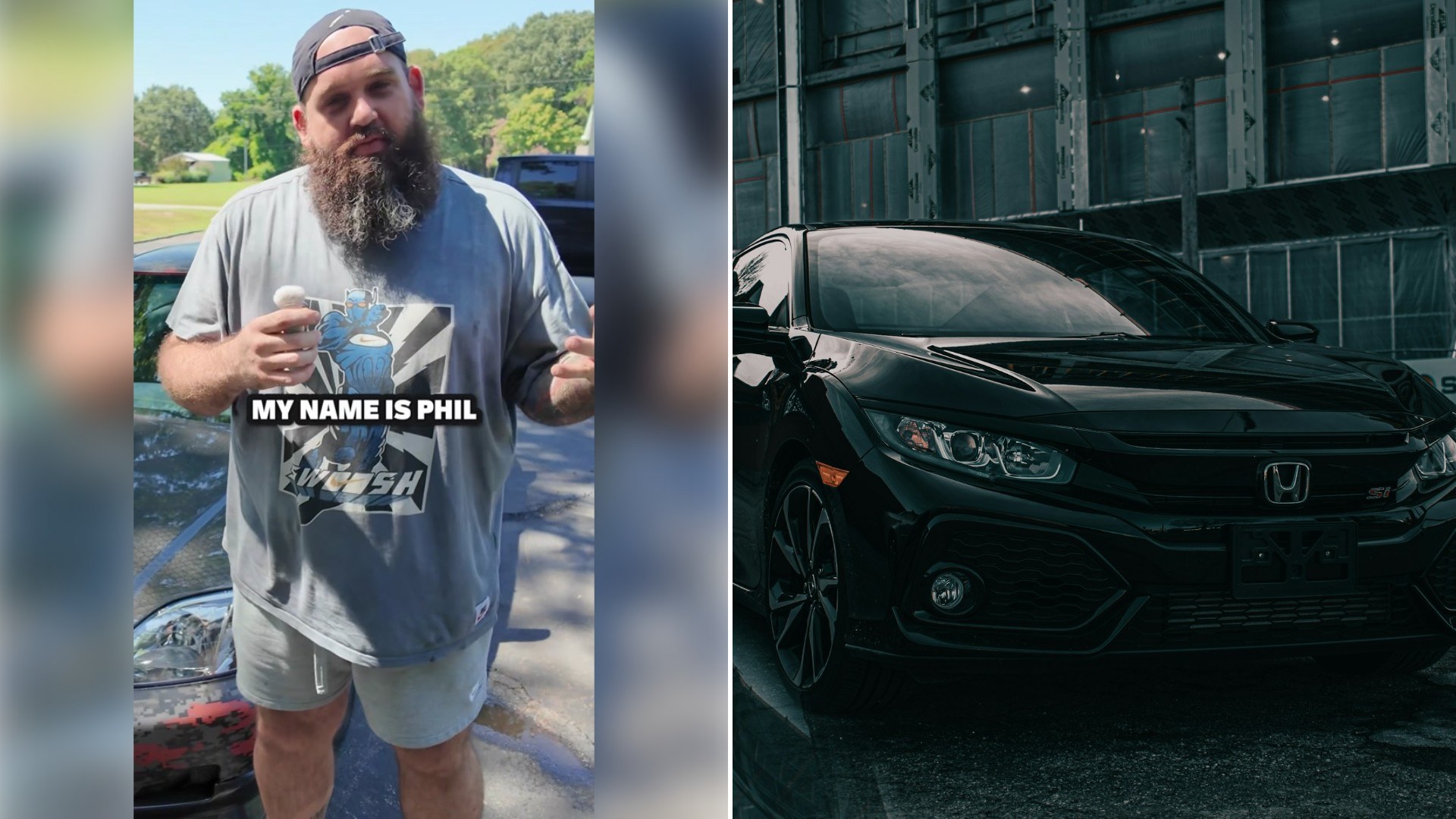 Left: TikTok still of a bearded man in a gray T-shirt holding a drink. Right: a black Honda Civic Si parked outside (Unsplash photo by Harrison Fitts).