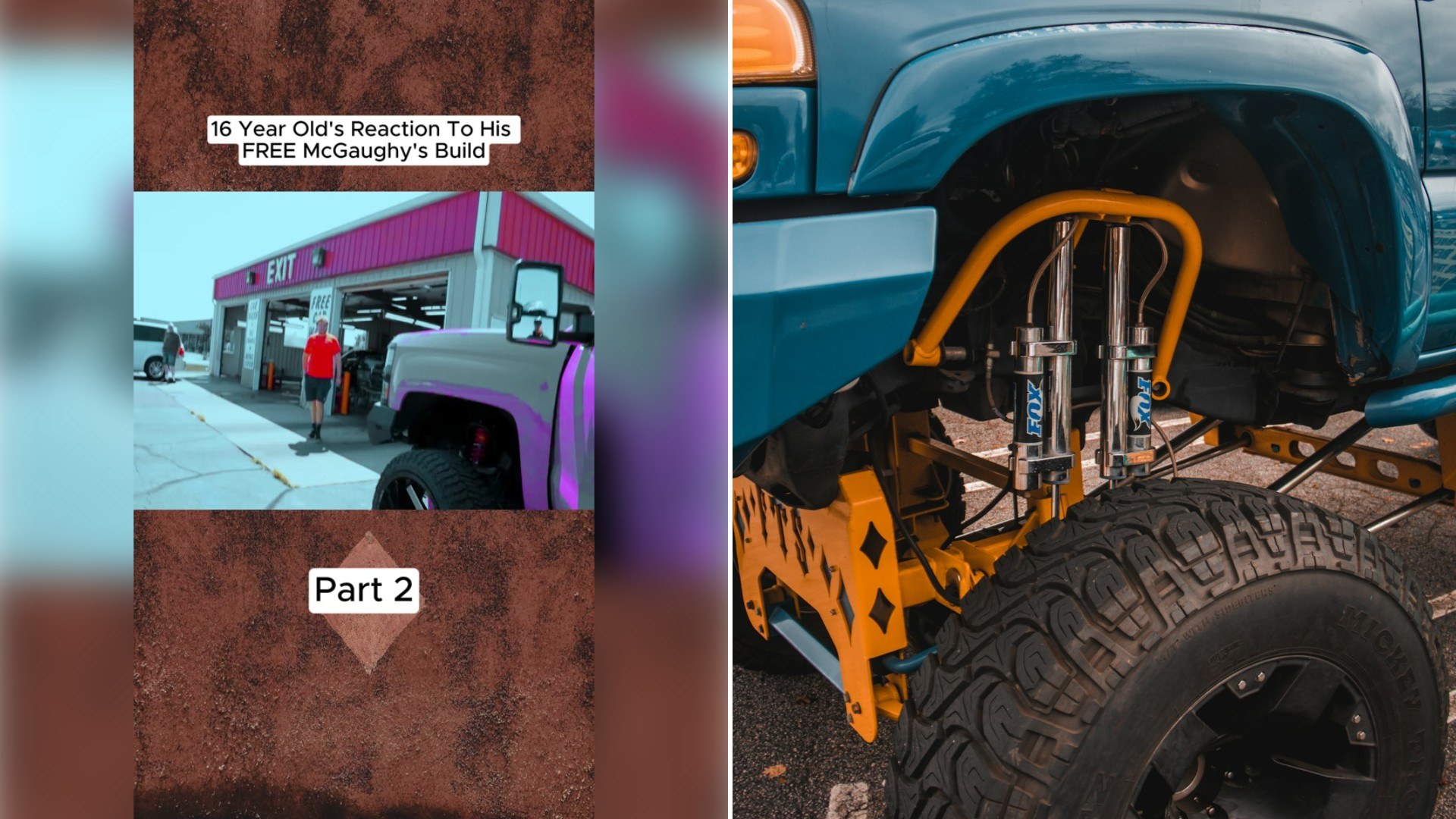 Left: TikTok still of a title frame showing a custom truck in a parking lot. Right: the suspension and oversized tire of a lifted blue truck (Unsplash photo by Ben Duke).