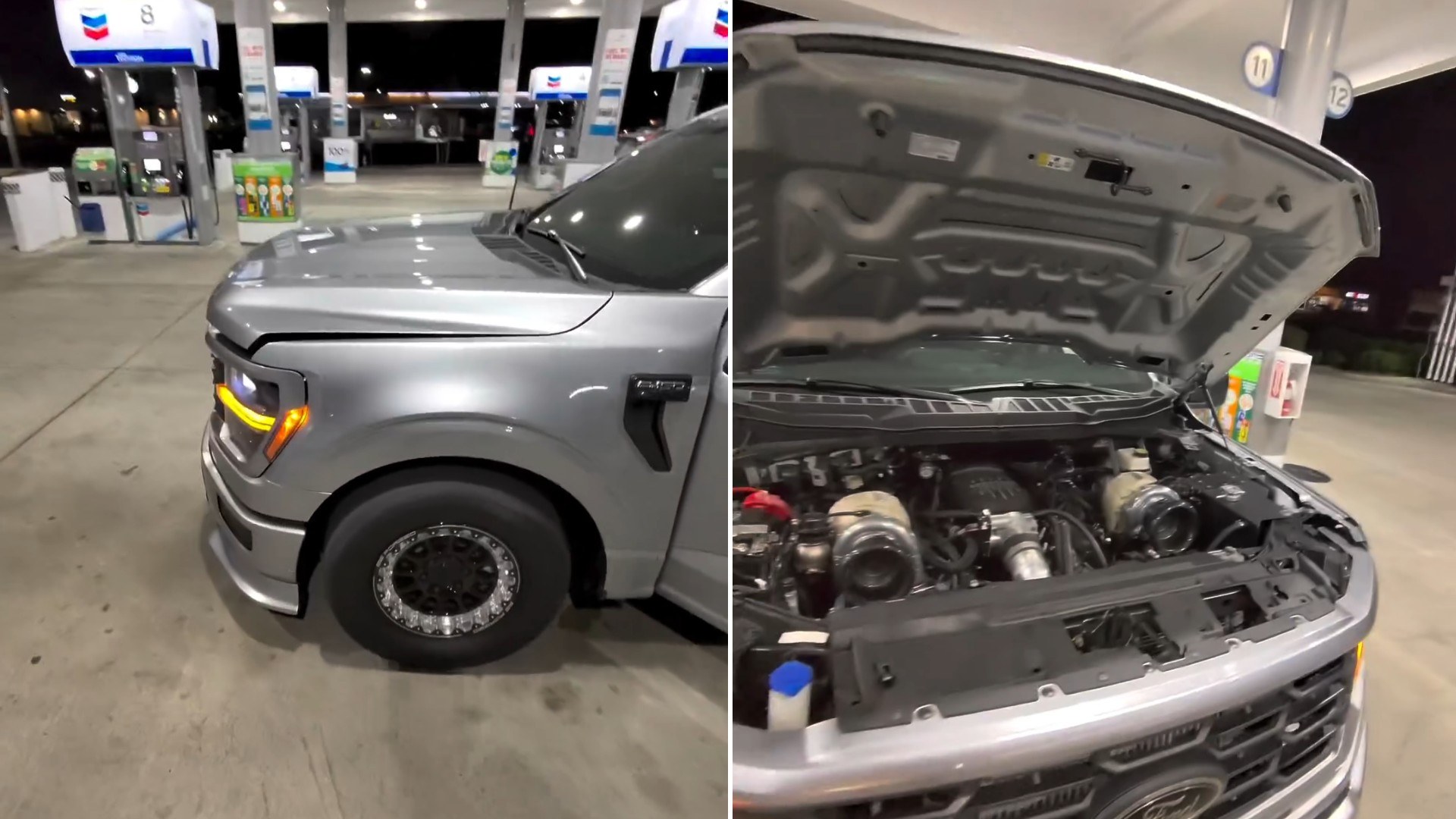 Truck Owner Starts His Plain Silver Single Cab Ford F150 at a Gas Station at Night Then Walks to the Front and Lifts the Hood on Two Turbochargers Nobody Would Expect