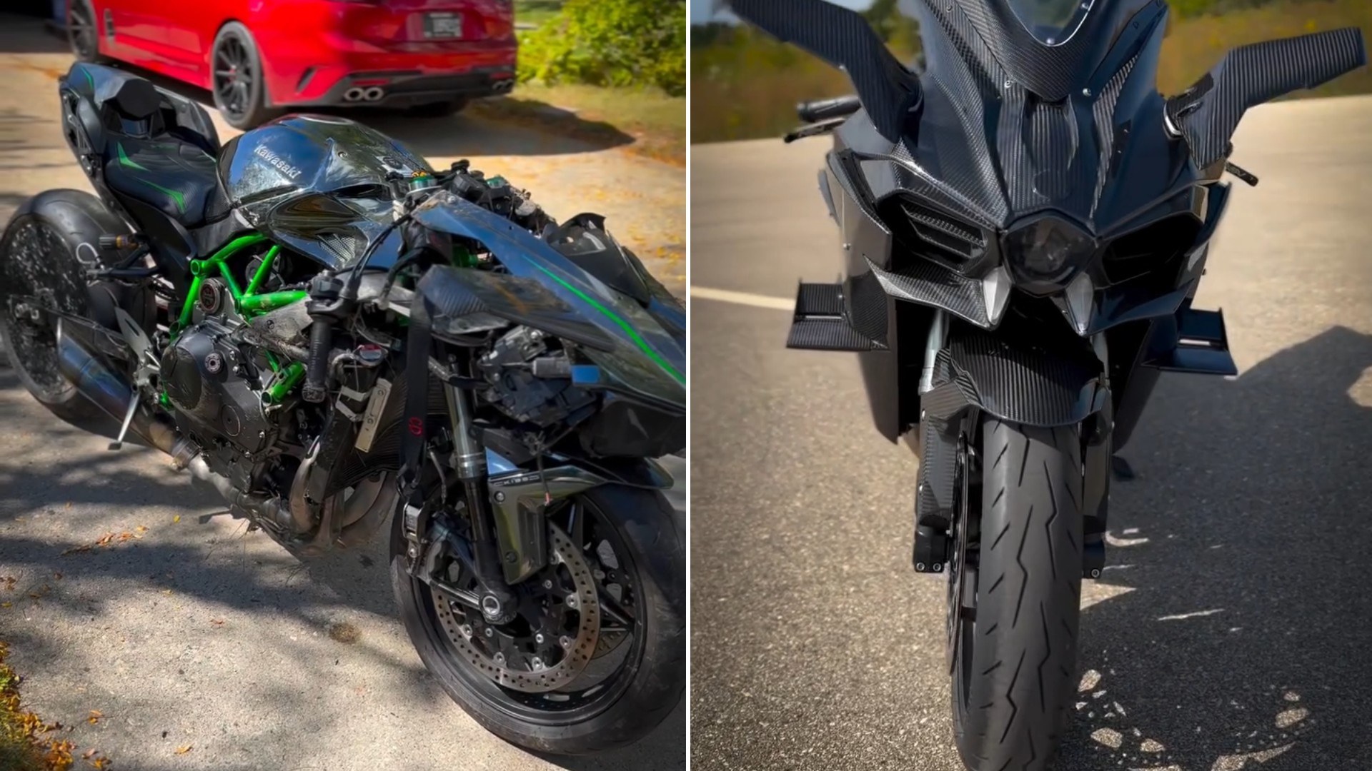 Two moments from an Instagram reel: a wrecked black sport bike parked by a driveway, then the same bike seen head-on in a parking lot.