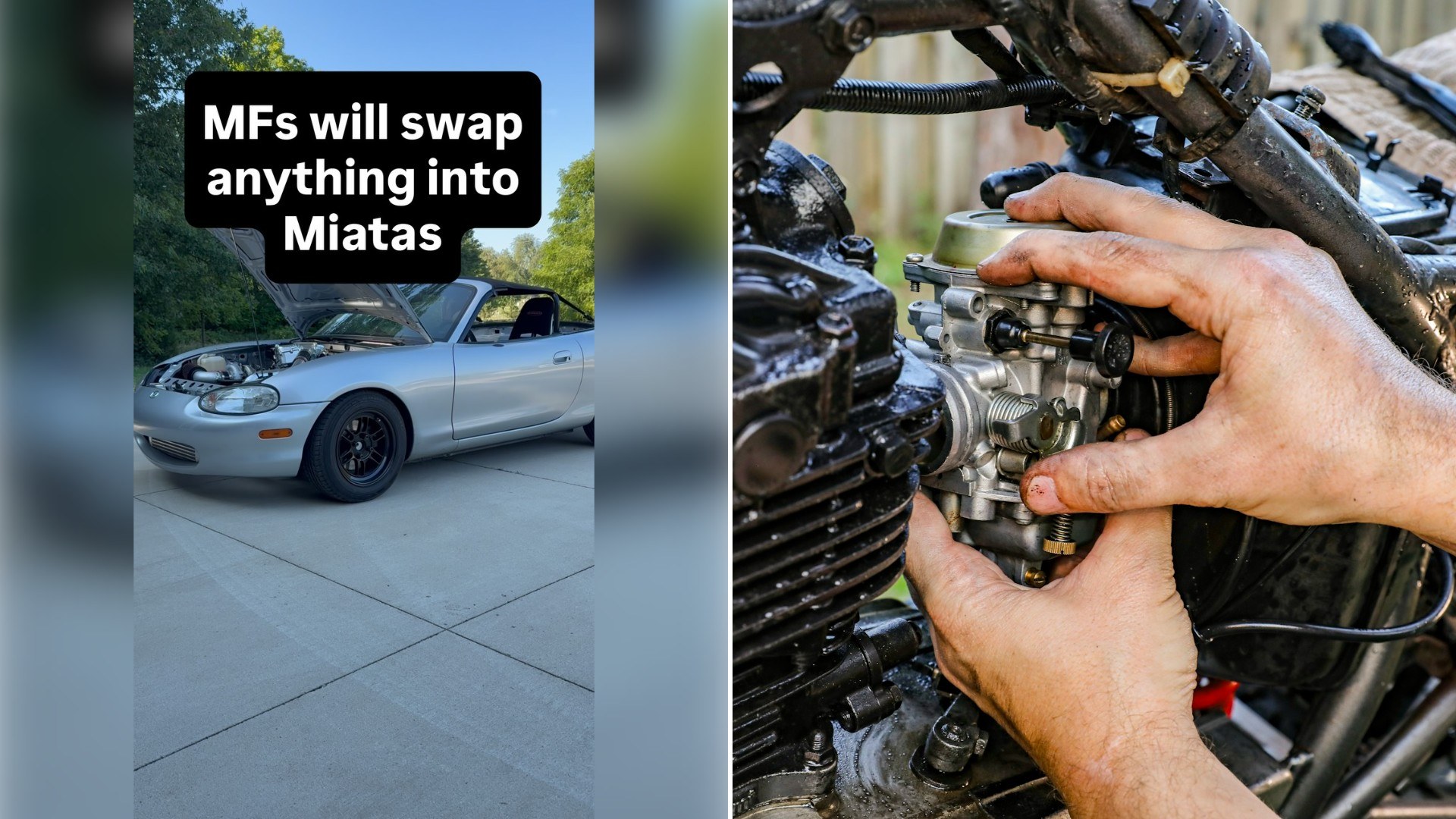 Left: Instagram reel still of a silver Miata with its hood up on a sunny lot. Right: a mechanic holding an engine part over a motorcycle (Unsplash photo by Mick Haupt).