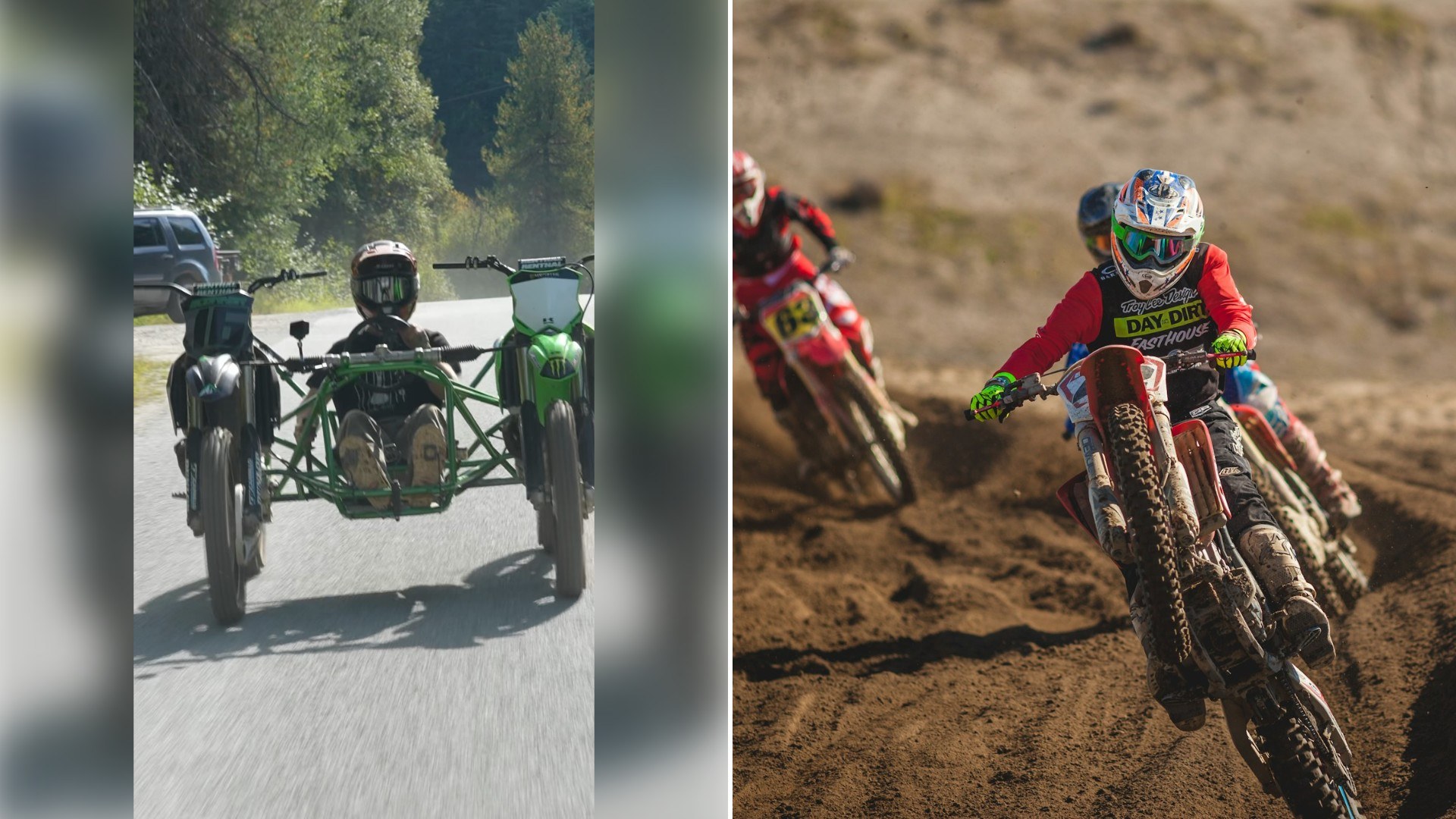 Rider Takes a Double Bike Made From Two Dirt Bikes Joined Side by Side Onto a Paved Road and a Forest Dirt Track While Sitting Low in the Green Tube Frame Between Them