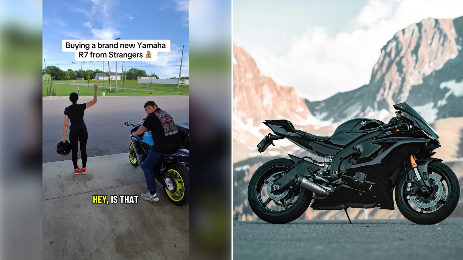 Left: TikTok still of two people on a motorcycle at a gas pump while a man waves. Right: a black sport motorcycle in front of a mountain backdrop (Unsplash photo by Hervé Papaux).