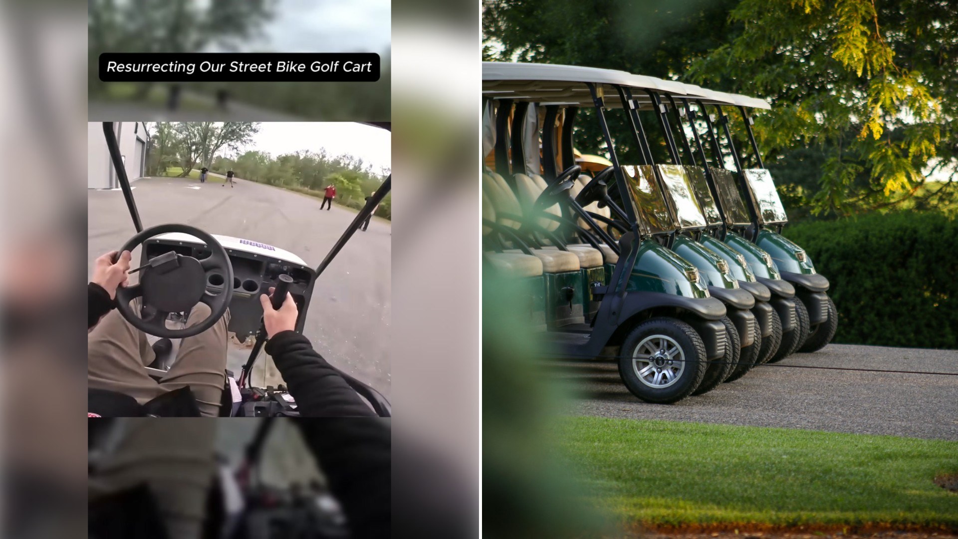 Left: TikTok still of a driver at the wheel of a custom golf cart. Right: a row of golf carts parked on a paved path (Unsplash photo by Dean).