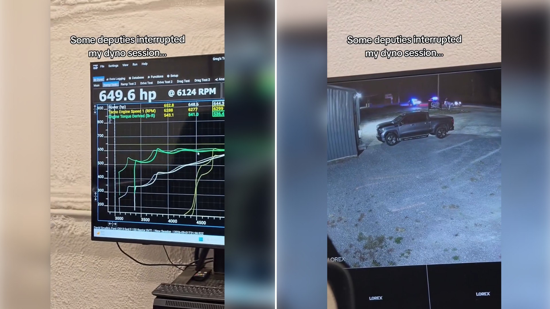 Tuner Films From Inside the Cab of a Ford Pickup as Sheriff’s Deputies Pull Up With Lights Flashing During a Dyno Session That Put 650 Horsepower on the Screen