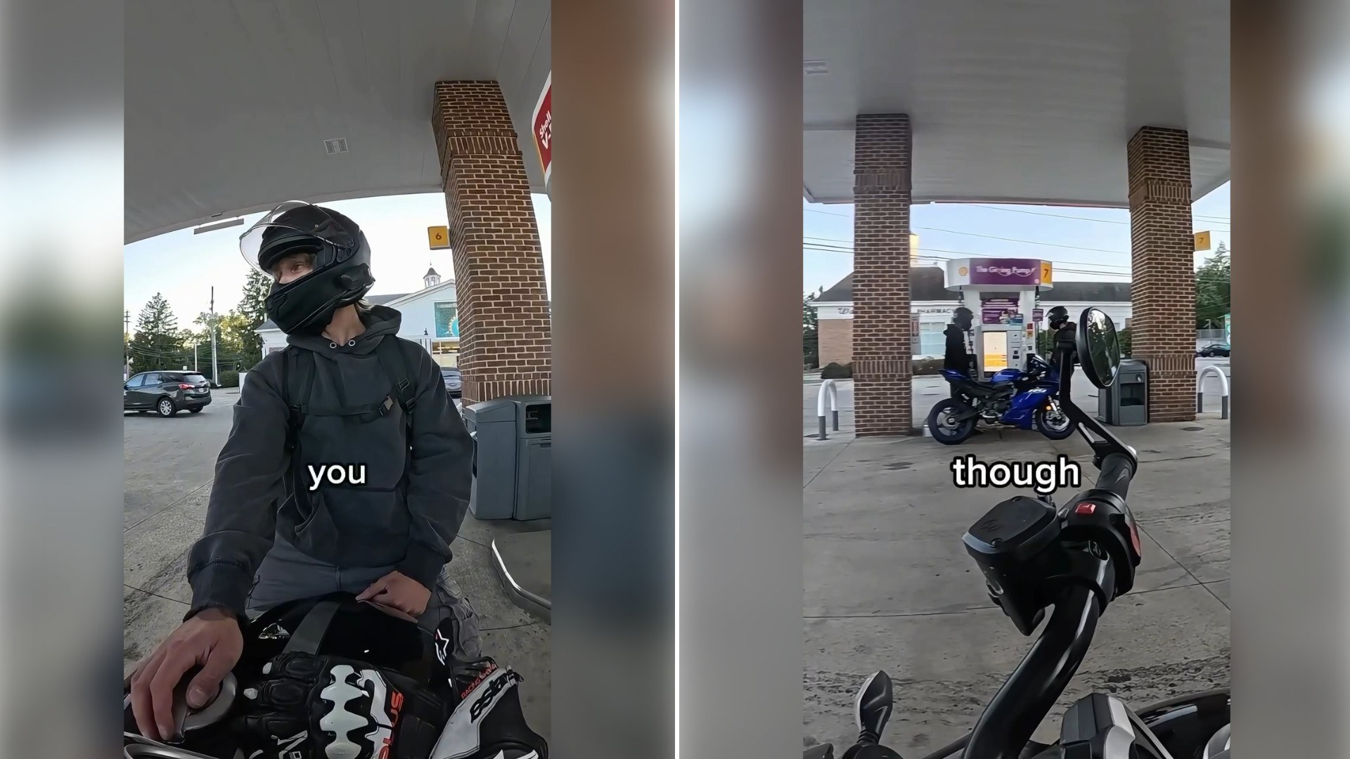 Two moments from an Instagram reel: a helmeted rider at a gas station, then a blue sport bike parked beside the pumps.