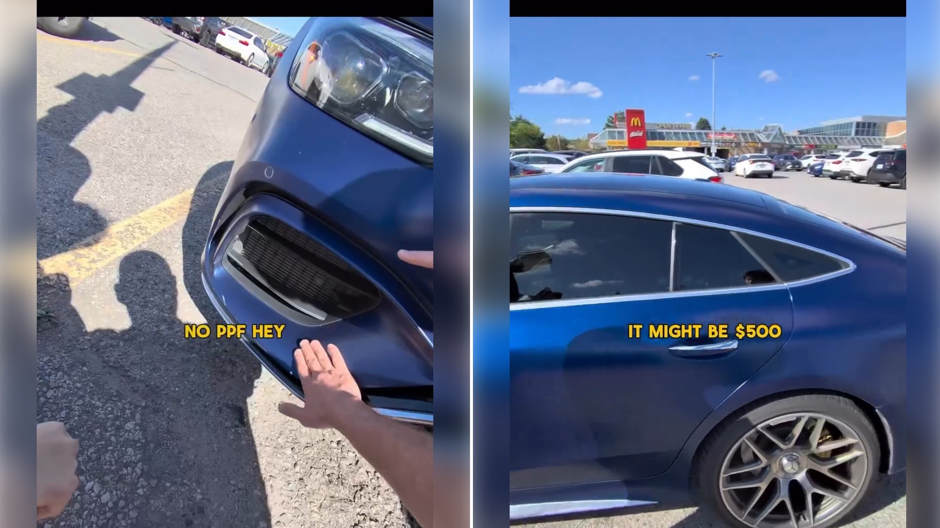 Car Buyer Walks Up to a Young Driver Sitting in a Blue Mercedes AMG GT in a Parking Lot, Checks the Paint, Rotors and Wood Trim and Pitches Him a Deal on the Spot