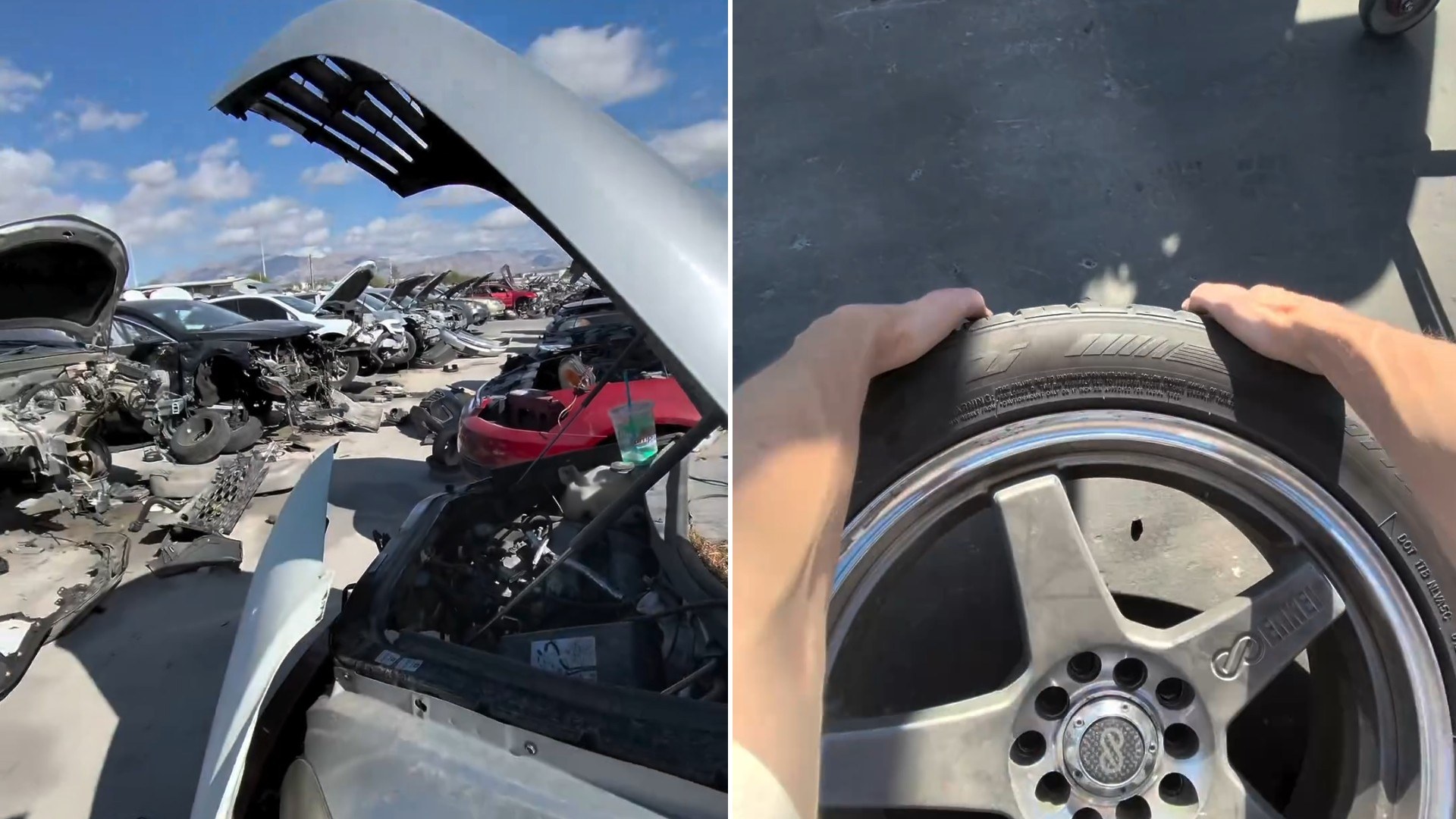 Two moments from an Instagram reel: a mangled wrecked car in a salvage yard, then a wheel held in a pair of hands.
