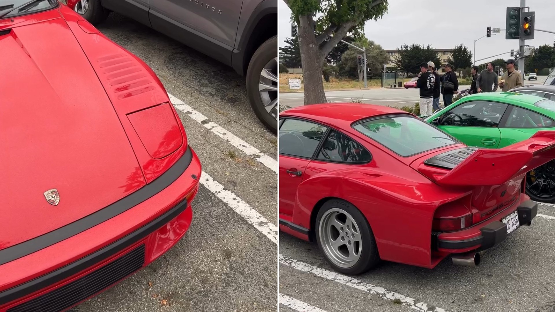 Two moments from an Instagram reel: the front end of a red Porsche in a parking lot, then the same car parked near a tree.