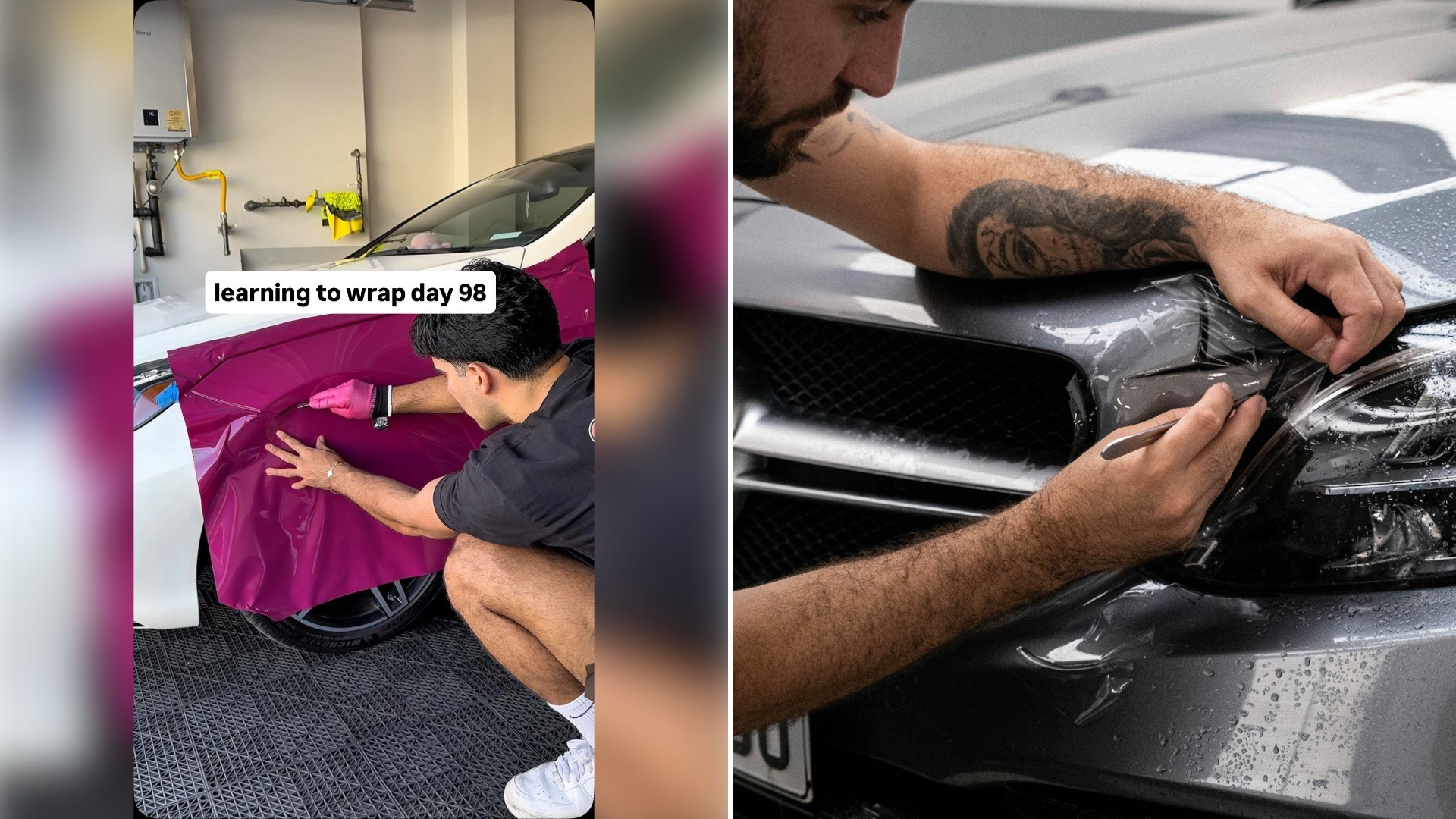 Left: Instagram reel still of a man wrapping a car fender in magenta vinyl, captioned "learning to wrap day 98". Right: hands applying protective film to the front of a gray car (Unsplash photo by Deniz Demirci).