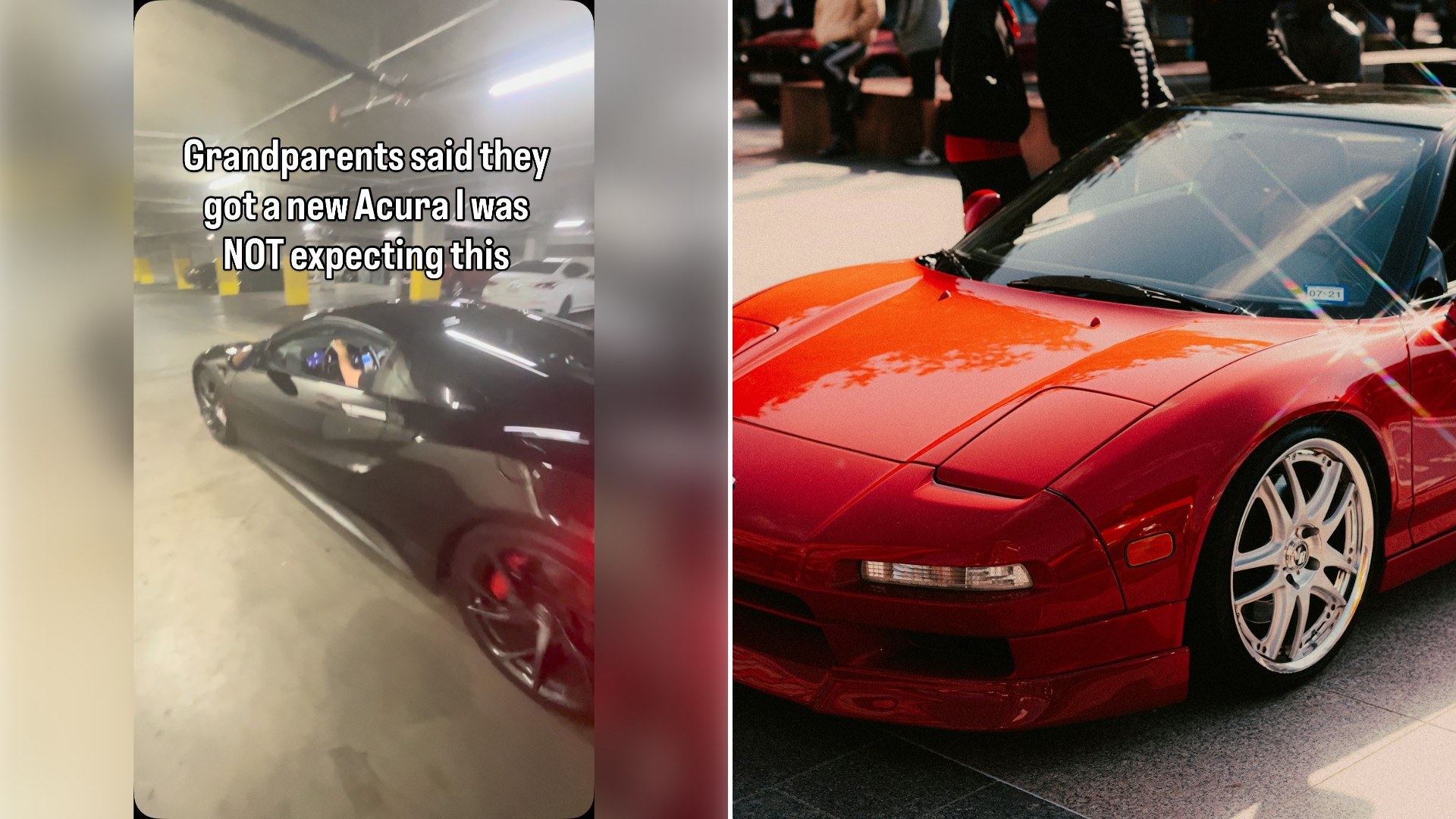 Left: Instagram reel still of a dark sports car in a parking garage. Right: a red sports car on the road (Unsplash photo by Adrian Newell).