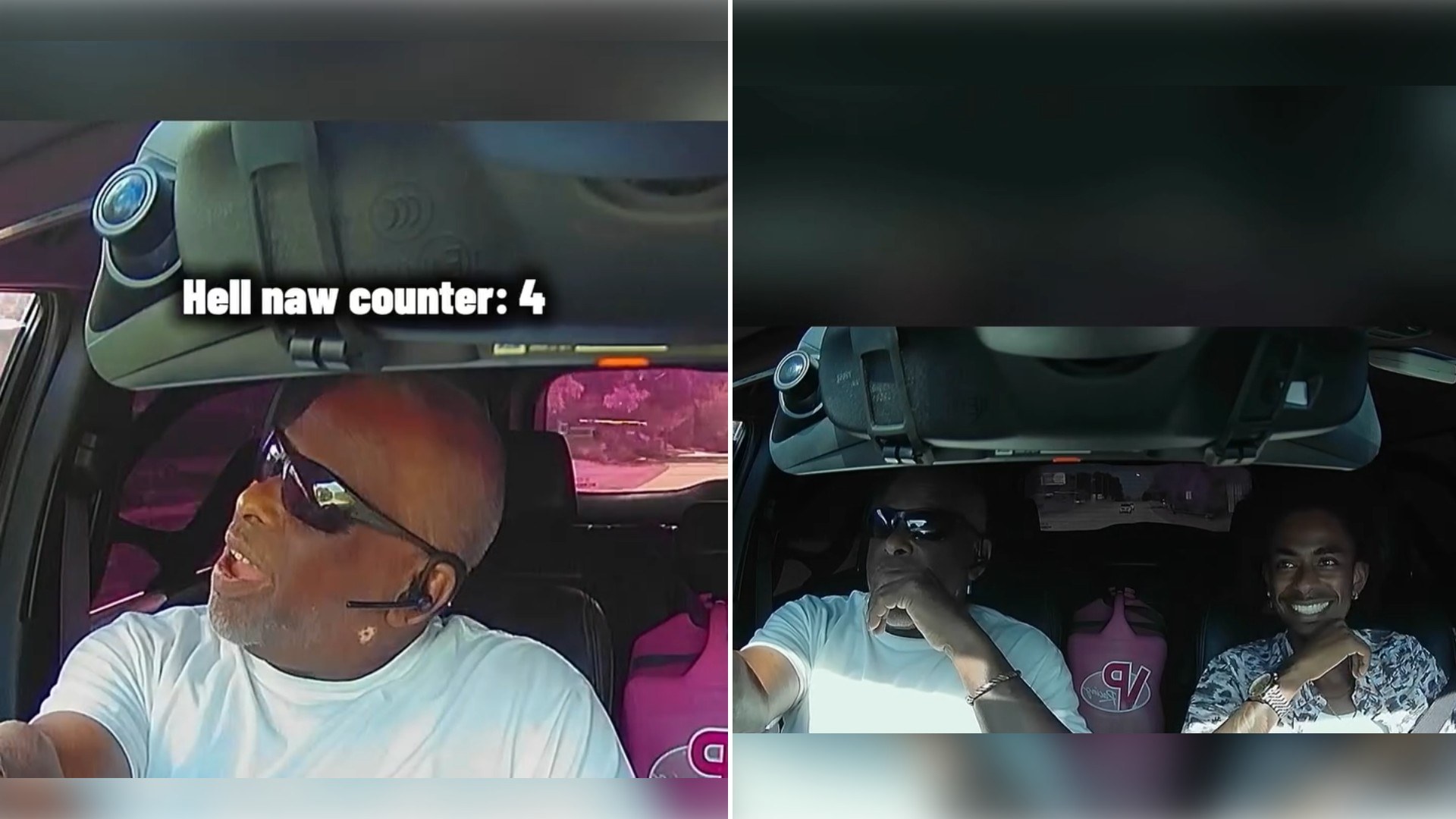 Two moments from an Instagram reel: a driver in sunglasses behind the wheel, then two men talking in the front seats of a car.