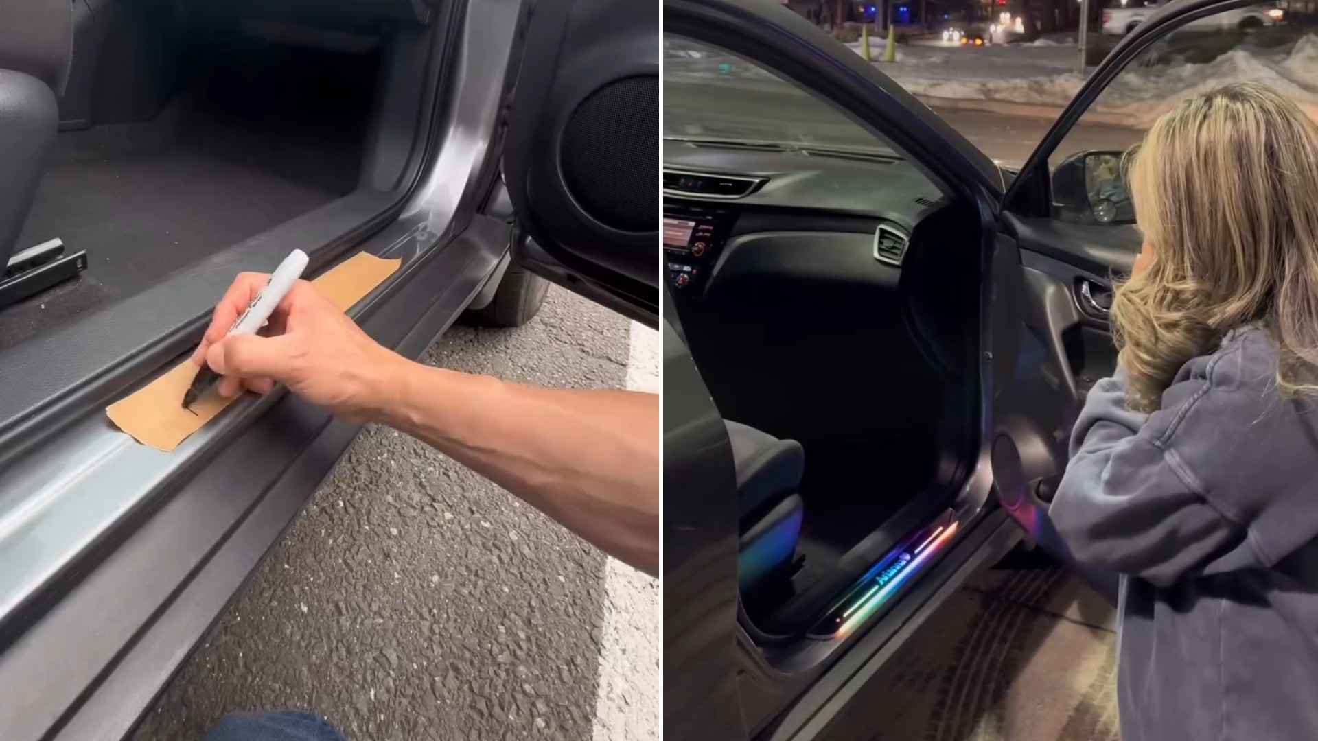 Car Owner Says One Day You Realize That Seat Was Never Really Yours Anymore, Tapes and Marks His Passenger Door Sill and Shows It Glowing in Rainbow Light With a Woman at the Door