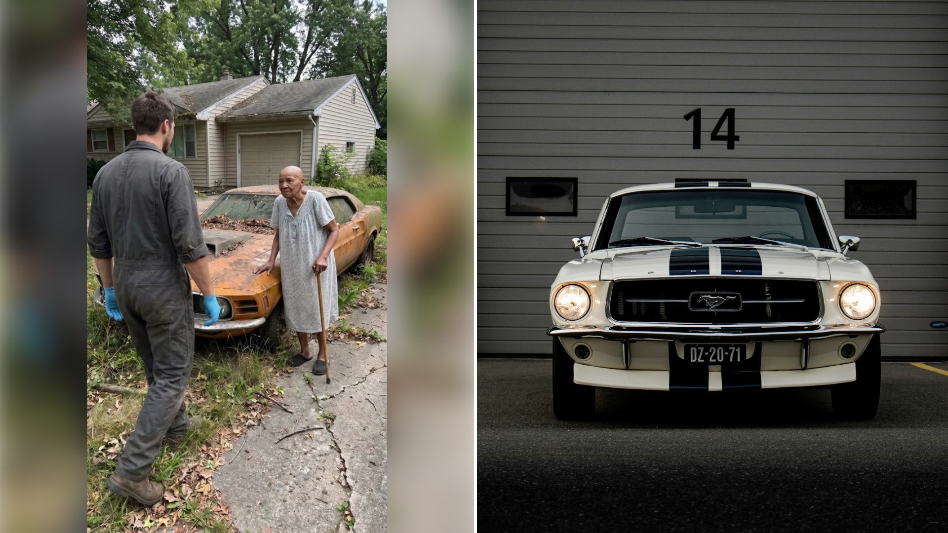 Left: TikTok still of two people beside a dusty orange classic car in an overgrown yard. Right: a vintage white Ford Mustang with dark stripes parked in front of a garage door (Unsplash photo by Jorgen Hendriksen).
