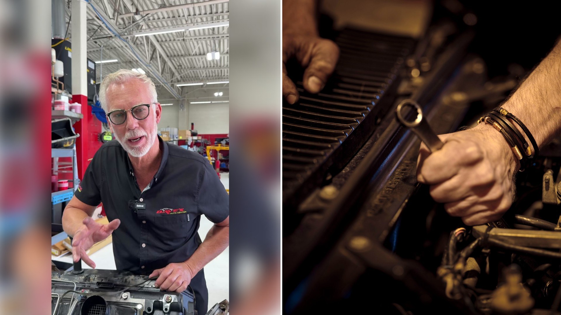 Left: TikTok still of a gray-haired mechanic holding an engine part in a shop. Right: hands working on a car engine with a wrench (Unsplash photo by Christian Buehner).