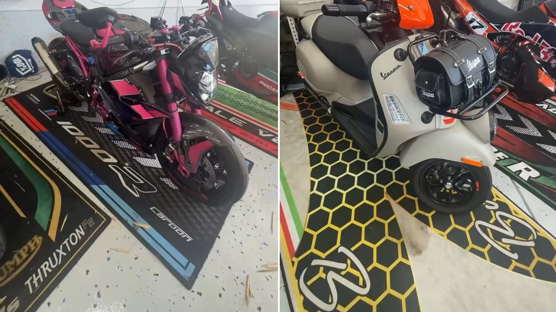 Two moments from an Instagram reel: a garage wall of motorcycles with a pink sport bike in front, then a row of adventure bikes on the floor mats.
