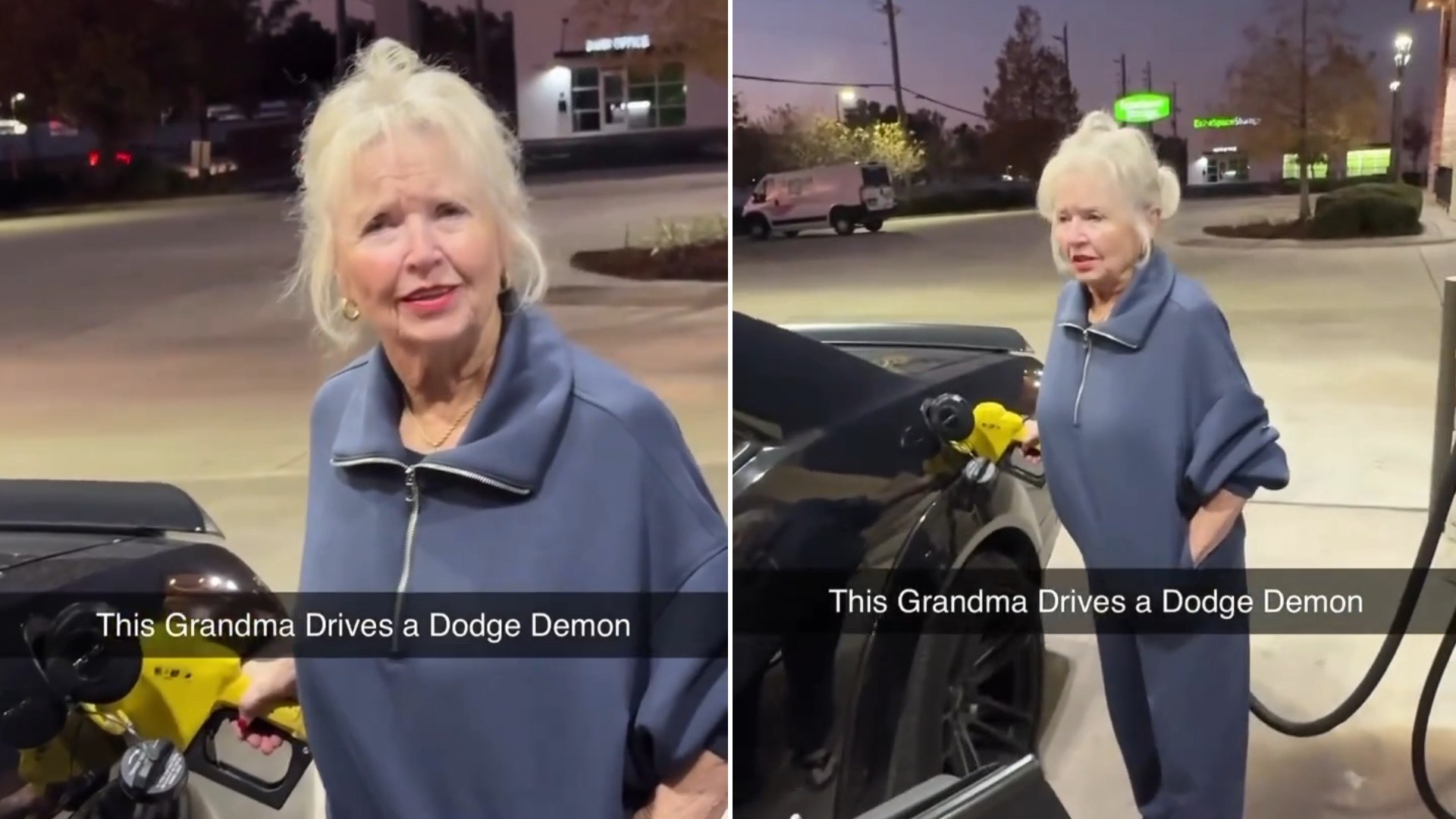 Two moments from an Instagram reel: an older woman at a gas pump next to a dark muscle car, then her standing beside it.