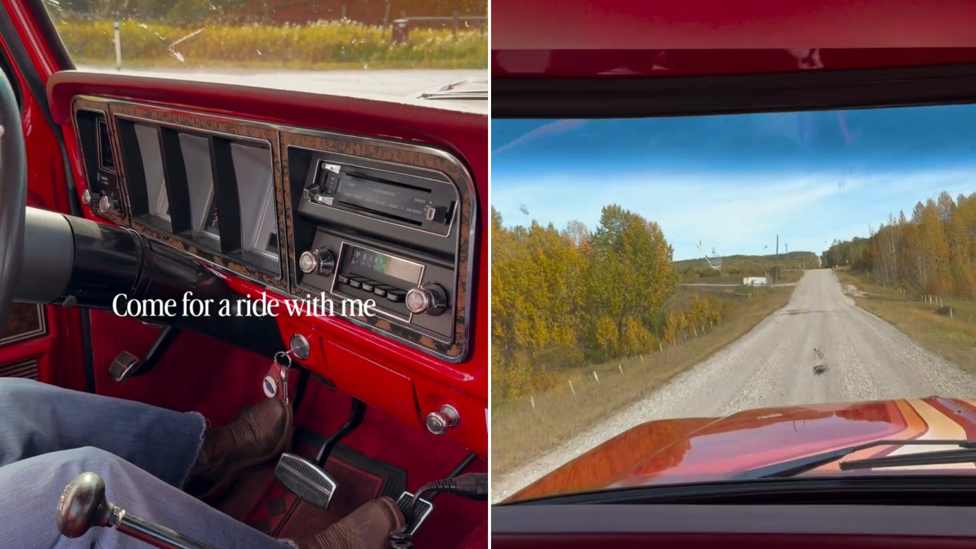 Two moments from an Instagram reel: the red interior of a classic truck cab, then the road seen through its windshield.