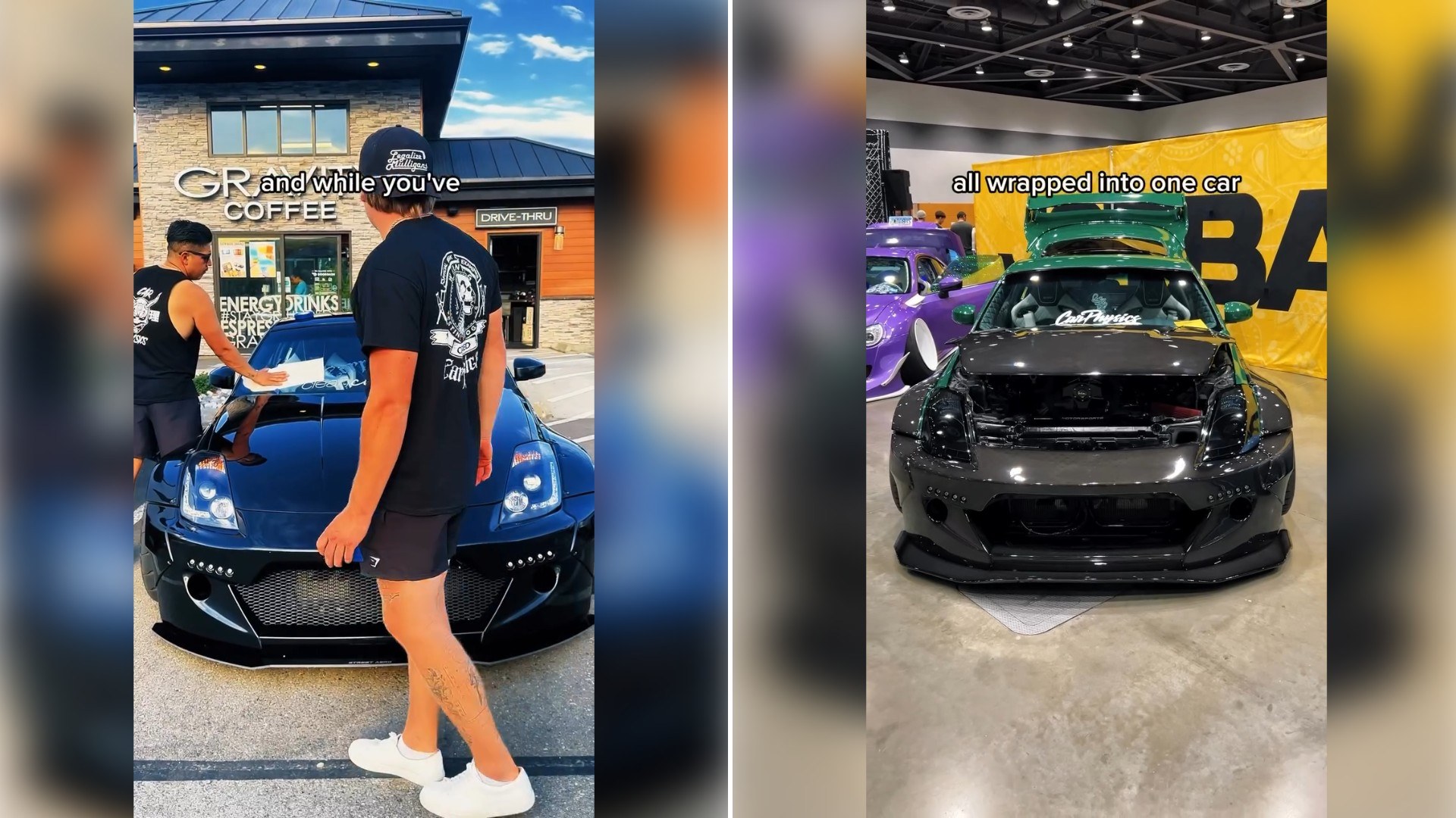 Two moments from an Instagram reel: two men with a dark sports car outside a coffee shop, then a modified purple and black car in a shop.