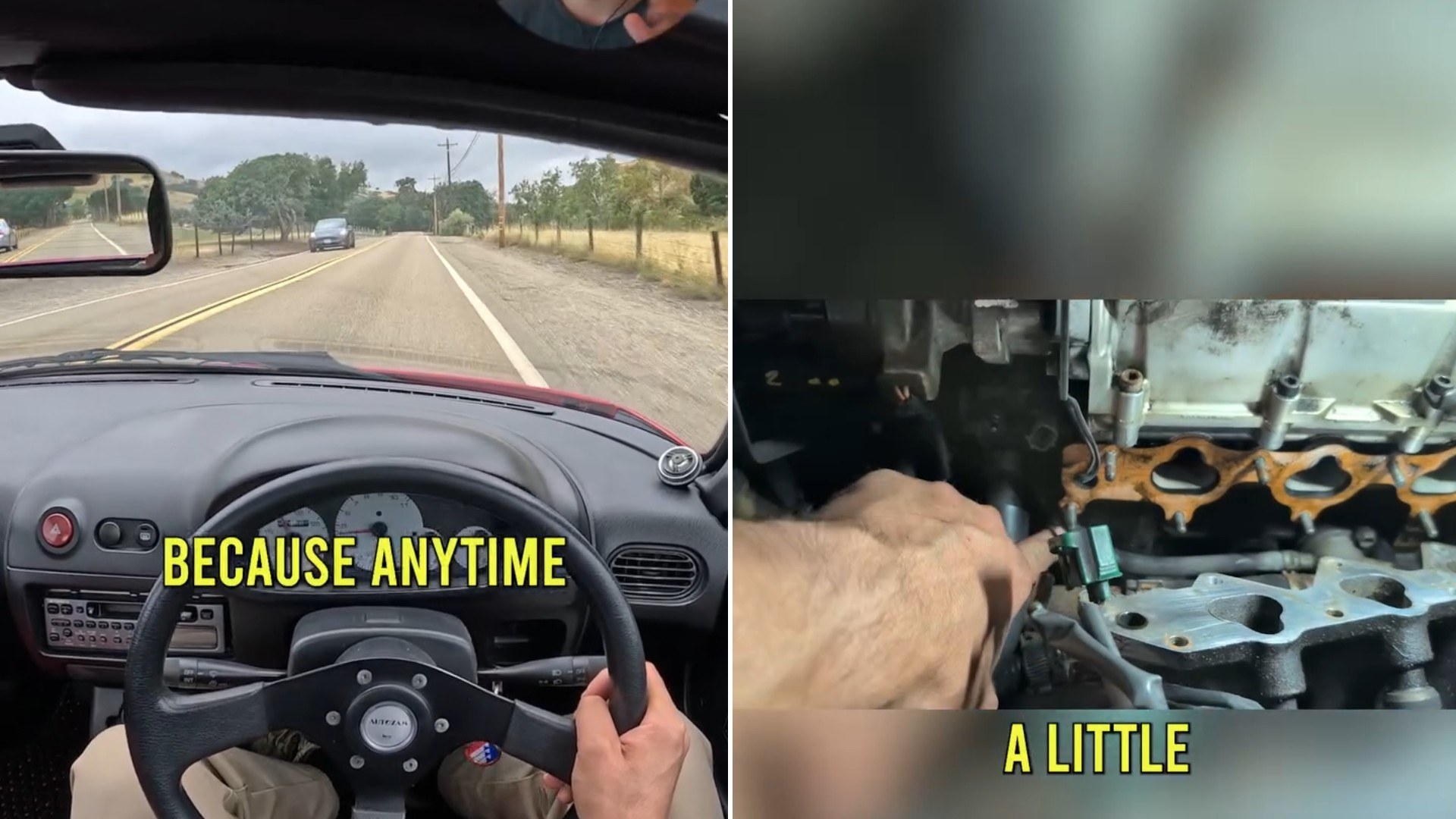 Two moments from an Instagram reel: a driver behind the wheel on an open road, then an engine being worked on.